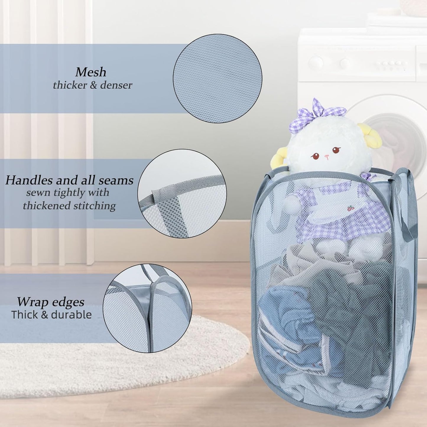 Upgraded 100L Extra Large Collapsible Laundry Baskets, 2 Pack XL Mesh Pop Up Laundry Hamper with Handles, Portable Travel Laundry Basket, Foldable Hamper. Grey. 2V