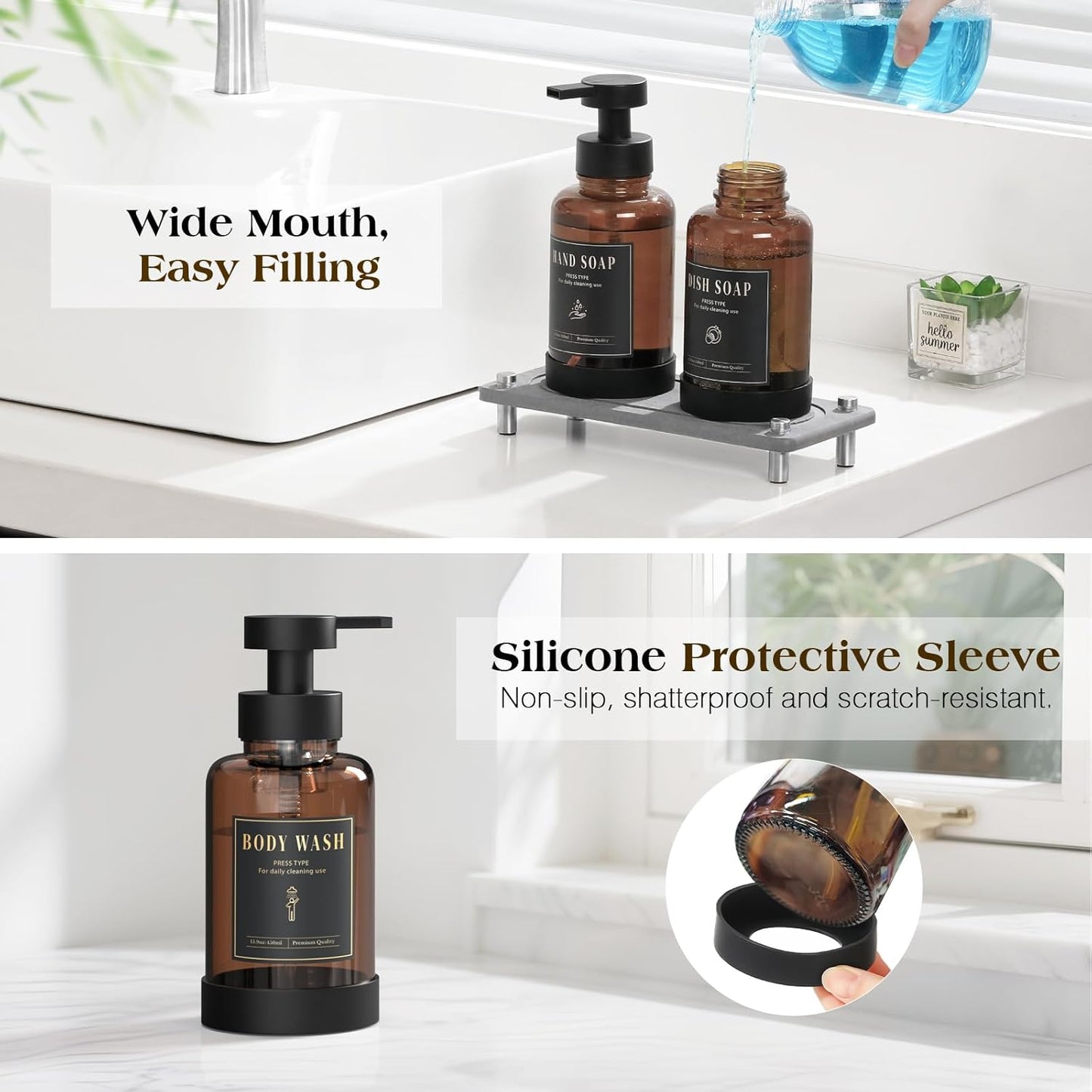 Luxspire Foaming Soap Dispenser, Non-Slip Hand Soap Dispenser with Fast Drying Tray, 15oz Glass Refillable Liquid Bottle for Bathroom & Kitchen, 2 Pack, Brown + Dark Gray