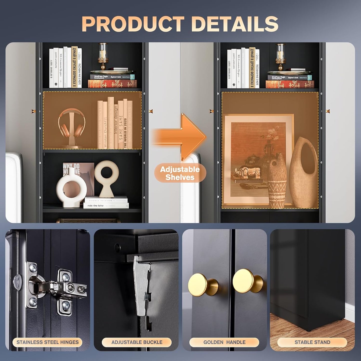 5 Tier Metal Curio Cabinets, Modern Bookshelf Cabinet with 4 Adjustable Shelves, Cabinet Display Case for Home Office, Living Room, Pantry (Black-27.5W-Metal Door)