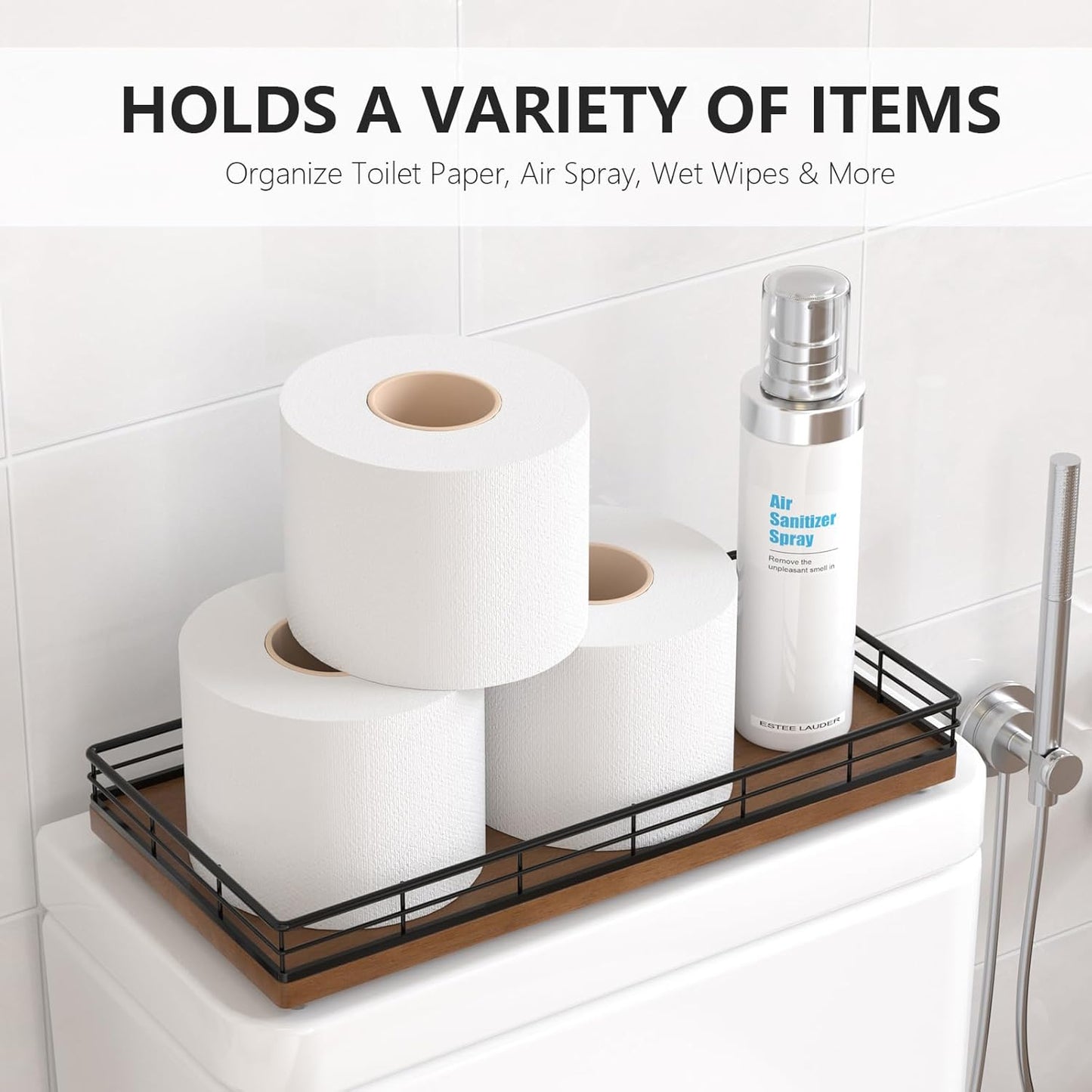 Toilet Paper Basket Organizer – Oak Wood Toilet Tank Tray with Metal Frame, Back of Tank or Top Bathroom Counter Storage – Black & Brown Modern Decor