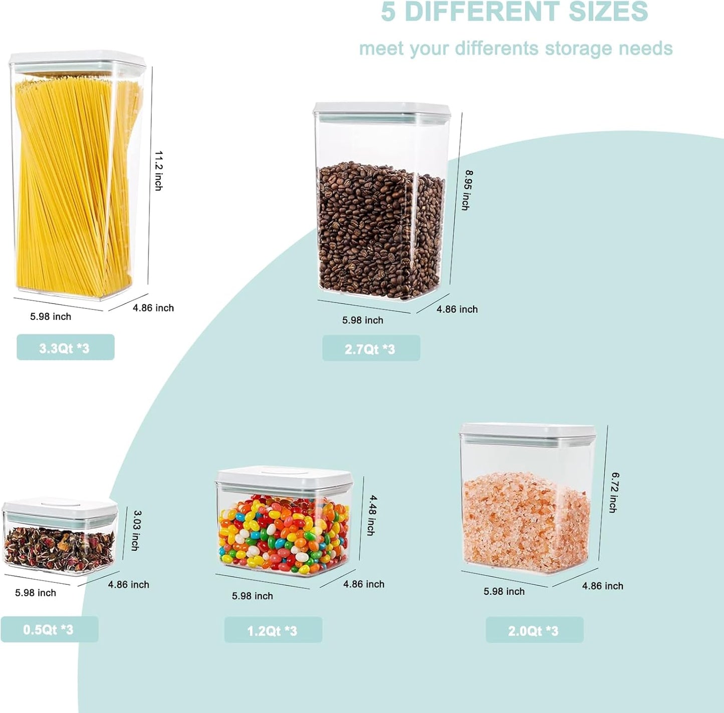 Pop Containers with Lids - Stackable Airtight Food Storage, Kitchen Pantry Storage Containers for Snacks Candy Salt Herbs Spices BPA-Free (15PCS (0.5 + 1.2 + 2.0 + 2.7 + 3.3 Qt) * 3)