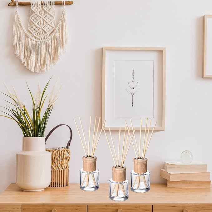 Roshtia 30 Set Reed Diffuser Bottle Empty Refillable Fragrance Glass Diffuser Bottles Set with Wooden Caps Rattan Sticks 50ml 1.7 oz Round Glass Jars for DIY Fragrance