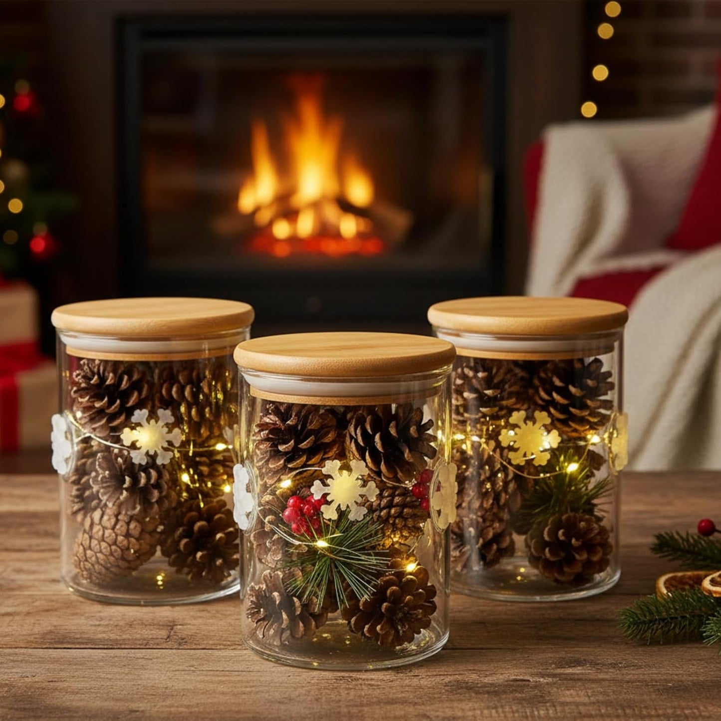 3 Pcs Christmas Icon Glass Storage Jars with Airtight Bamboo Lid White Snowflake Christmas Icon Glass Jars Canister Set for Home Winter Xmaskitchen Countertop