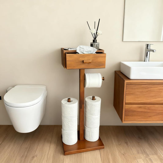 Freestanding Bathroom Toilet Paper Holder Stand with Shelf, Wood Toilet Paper Roll Holder with Wet Wipes Storage Drawer,Brown(2 Rods,Stores 6 Rolls)
