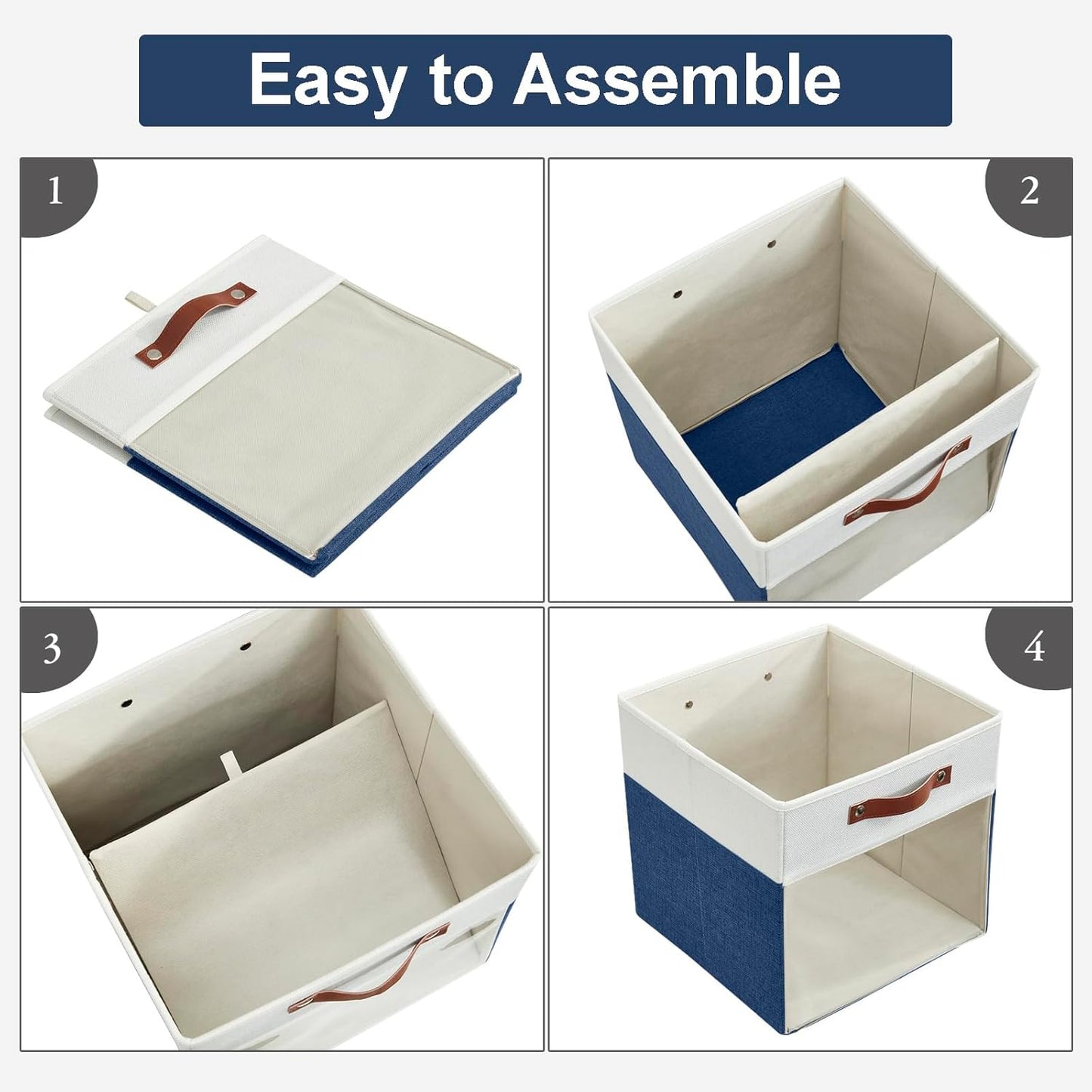 Storage Cubes, 4 Pack Linen Foldable Storage Bins (13 x 13 inch) with Clear Window and Handles, Fabric Organizer for Shelf Closet, Clothes, Books - (Navy Blue and White)