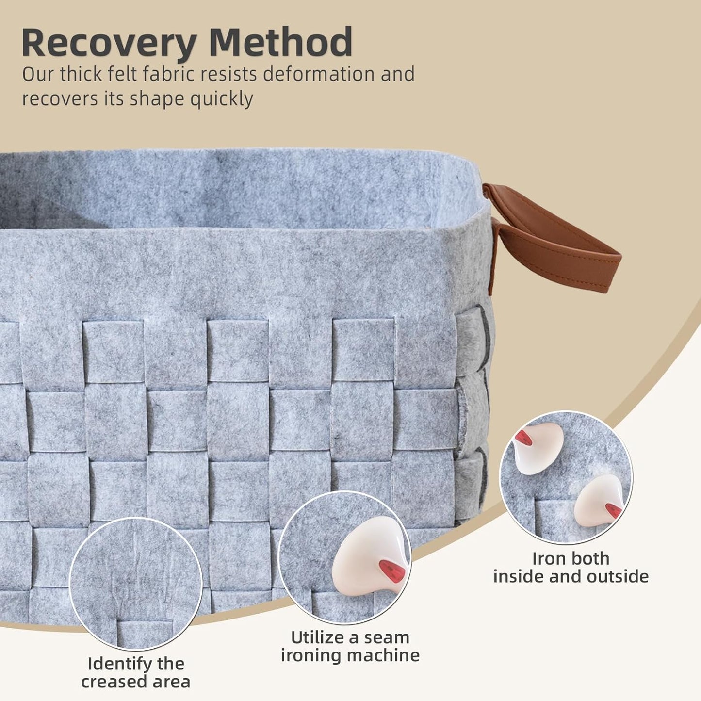 Storage Basket 3 Pack, 13" x13" x13 " Large Blanket Baskets with Leather Handle, Cube Felt Fabric Storage Box for Shelves, Bedroom, Nursery, Living Room - Light grey