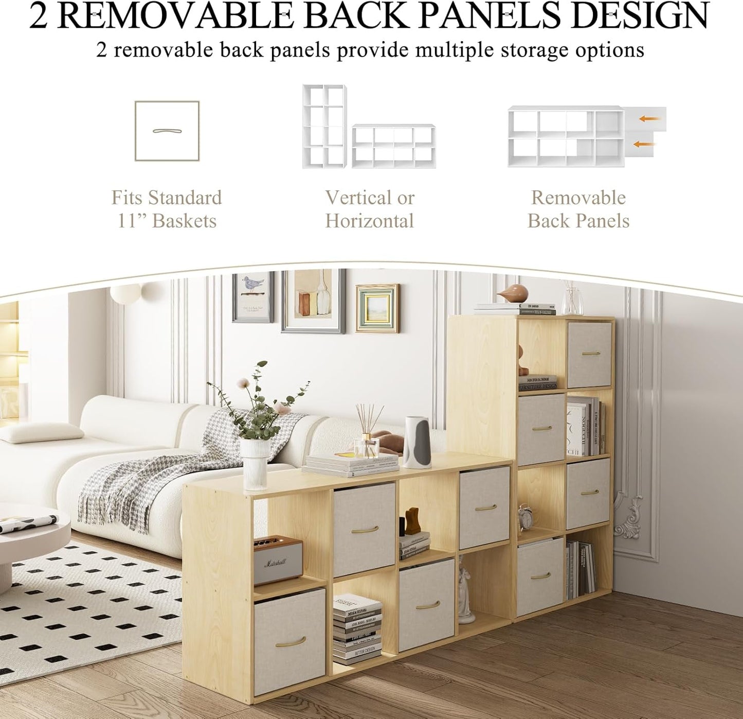 8 Cube Storage Organizer - Solid Wood Bookshelf with 4 Storage Bins, Cube Shelf with 2 Removable Back Panels, Vertical or Horizontal Bookcase, Open Book Shelf for Bedroom, Living Room, Office