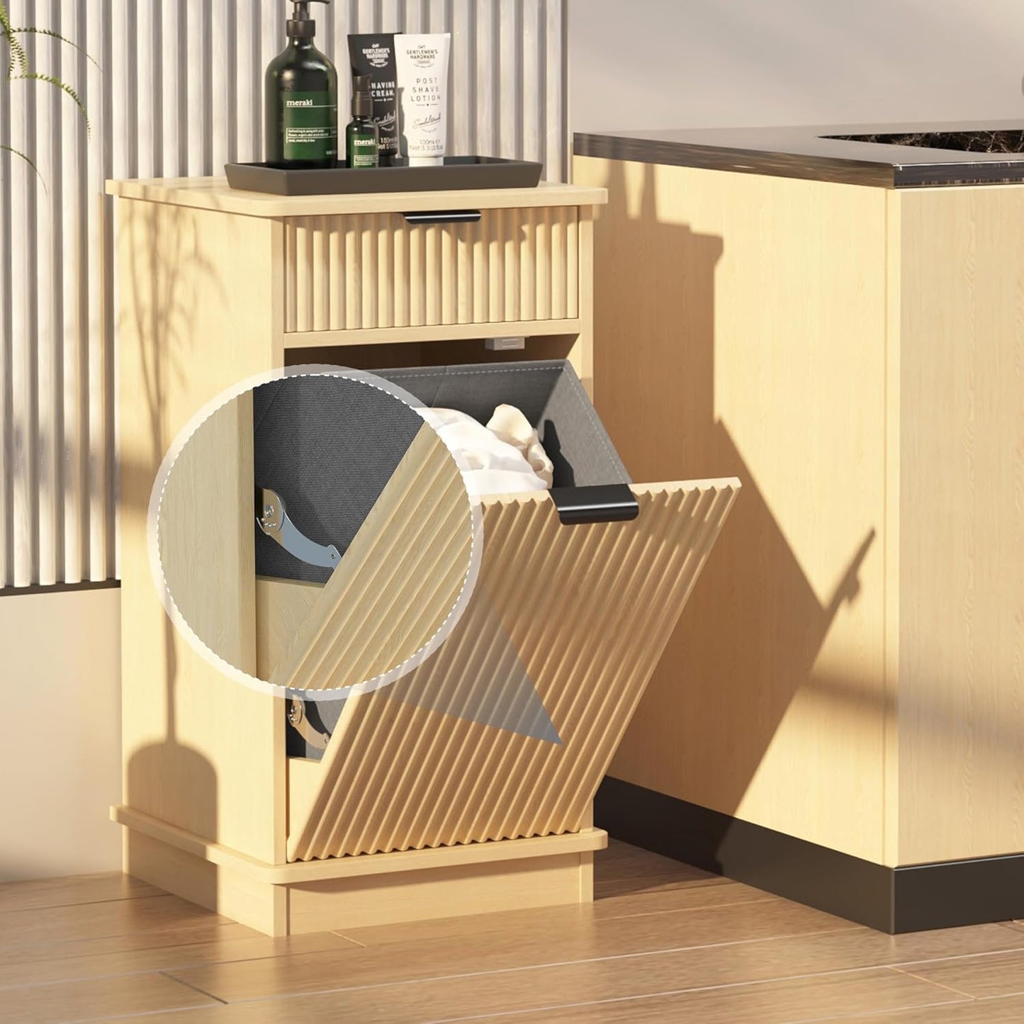 Natural Tilt Out Laundry Hamper Cabinet Hidden Laundry Hamper Cabinet with Drawers and Baskets for Bathroom Hamper with Storage for Kitchen Bedroom，16x16x30in