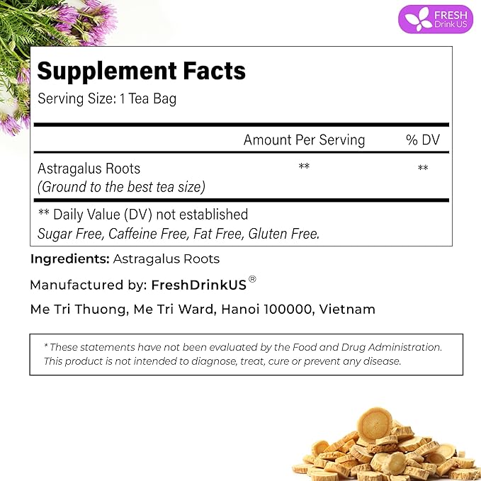 FreshDrinkUS, Premium 55 Astragalus Root Tea Bags, 100% Natural & Pure from Astragalus Root Herbal Tea. Made with Natural Material Tea Bags. No Sugar, No Caffeine, No Gluten, Vegan.
