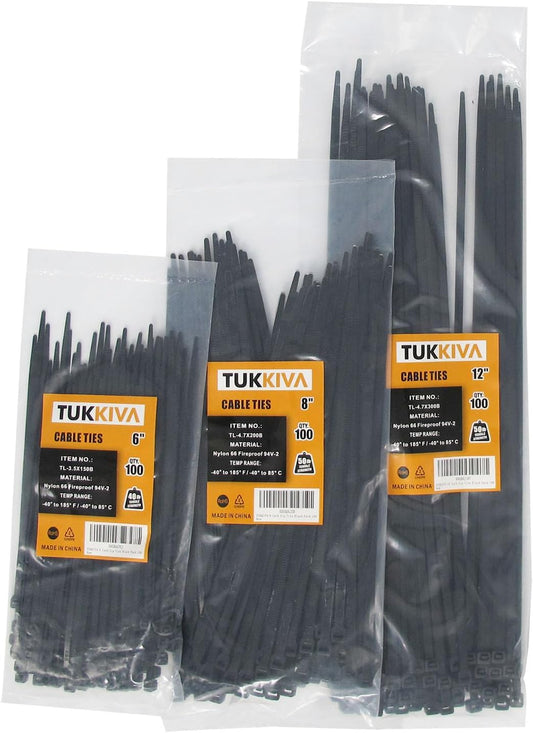 300 Pack Black Zip Ties Assorted Sizes 6+8+12 Inch Heavy Duty Cable Ties - Variety Pack Wire Ties