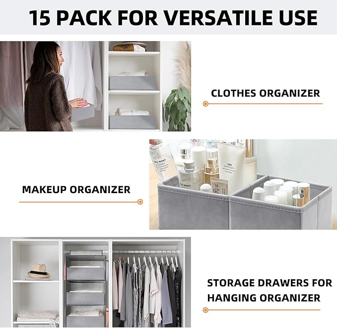 Criusia Drawer Organizers for Clothing 15 Pack, Foldable Fabric Closet Organizers and Storage Bins for Baby Clothes, Dresser Drawer Dividers for Adult Sock Underwear, Bra, Nursery Organization (Grey)