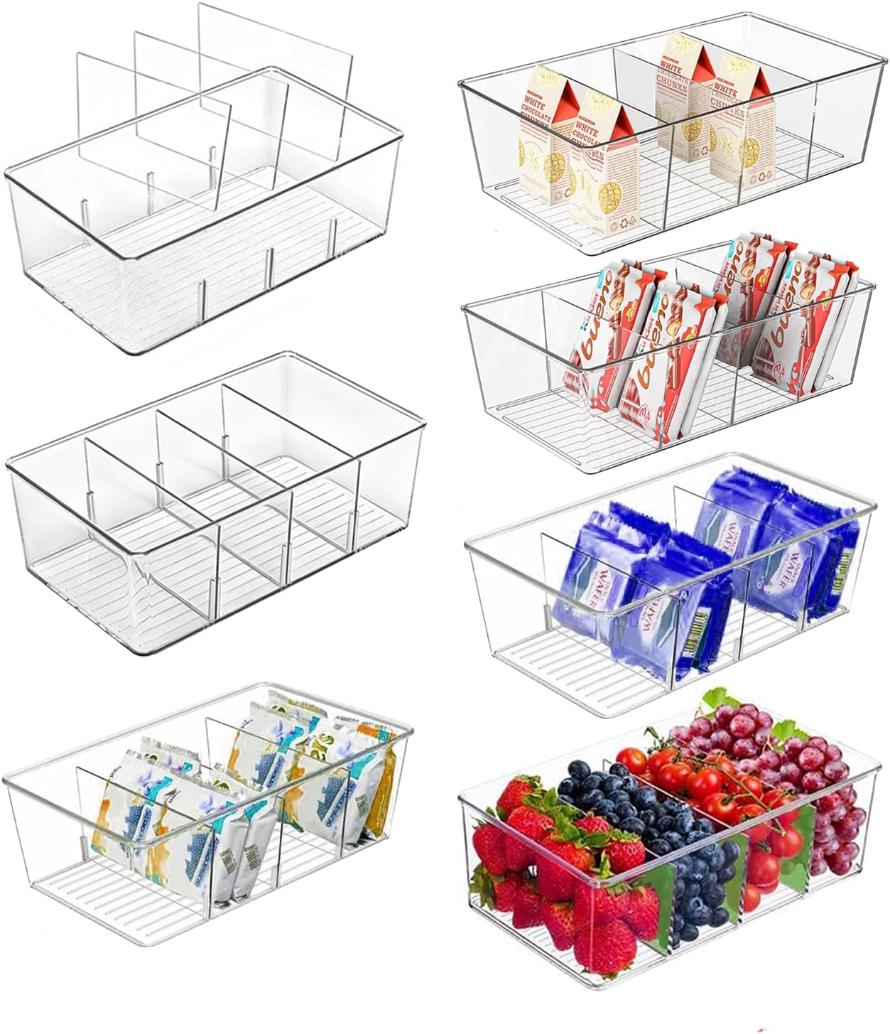 Pantry Organizers and Storage,Kitchen Organizers and Storage for Fridge,Drawer and Refrigerator - Spice Organization for Cabinet,Clear Plastic Stackable Organizer Bins with 3 Dividers (7 Pcs)