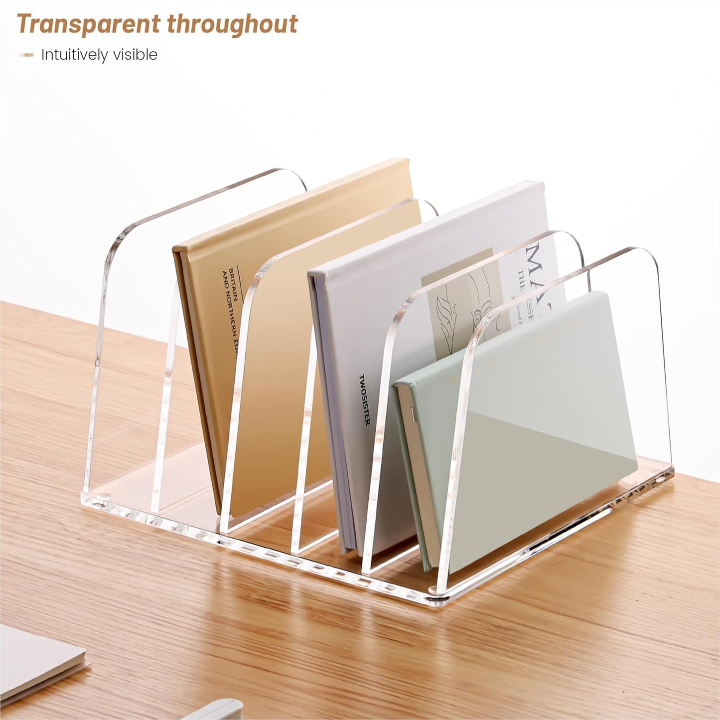 YUXUN Clear Acrylic Desktop File Sorter Organizer,Upright File Organizer, 5-Section Bookshelf for Home Office & Classroom