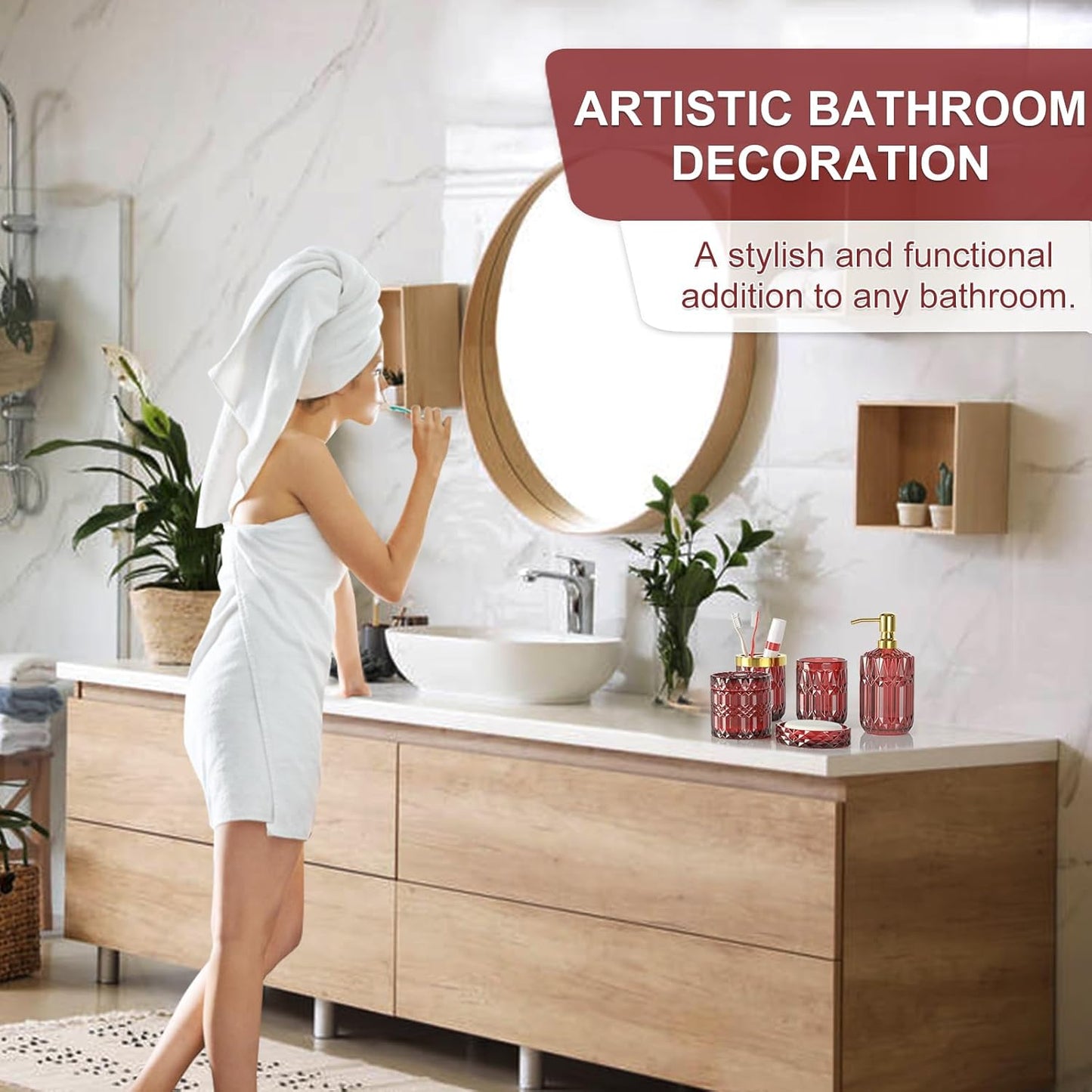 5Pcs Bathroom Accessories Set, Glass Soap Dispenser Set with Rust Proof Stainless Steel Pump, Soap Holder, Toothbrush Holder, Tumbler, Cotton Swab Jars, Red Bathroom Set Bathroom Decor Sets Gift