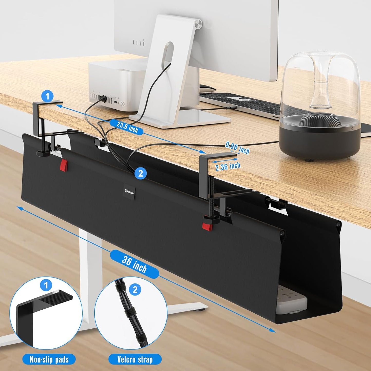 No Drill Under Desk Cable Management Tray, 36" Cord Management Tray with Cable Loop, Upgraded Oxford Fabric Wire Management for Standing Desk - No Damage to Table