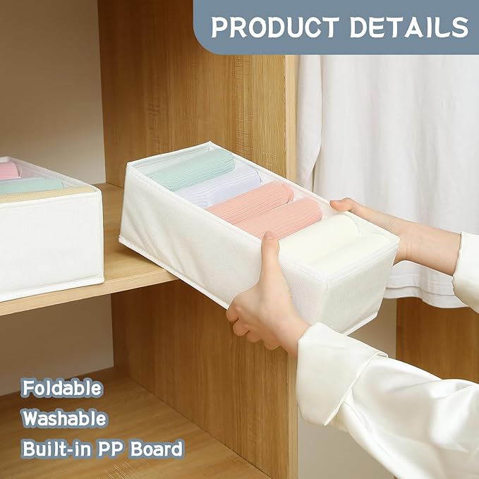 Qozary 3 Pack Sock Underwear Drawer Organizer Dividers, Non-Woven Fabric Collapsible Cabinet Closet Storage Boxes for Clothes, Socks, Lingerie, Underwear, Tie, Belt, Baby, Bedroom (White, 6 Cells)