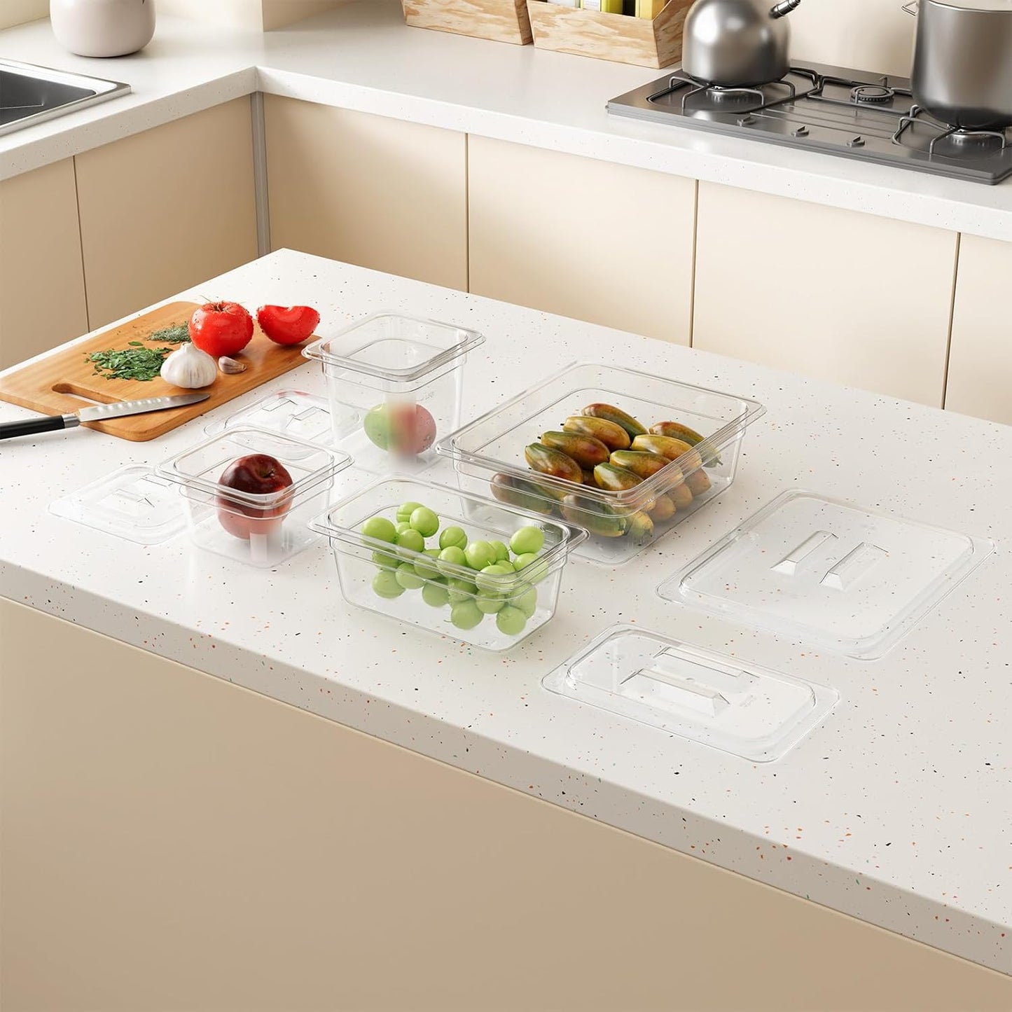 1/6 6'' 6 Pack Plastic Food Pans With Lids, Clear Food Pan, Commercial Stackable Polycarbonate Freezer-Safe for Fruits Vegetables Restaurant Kitchen