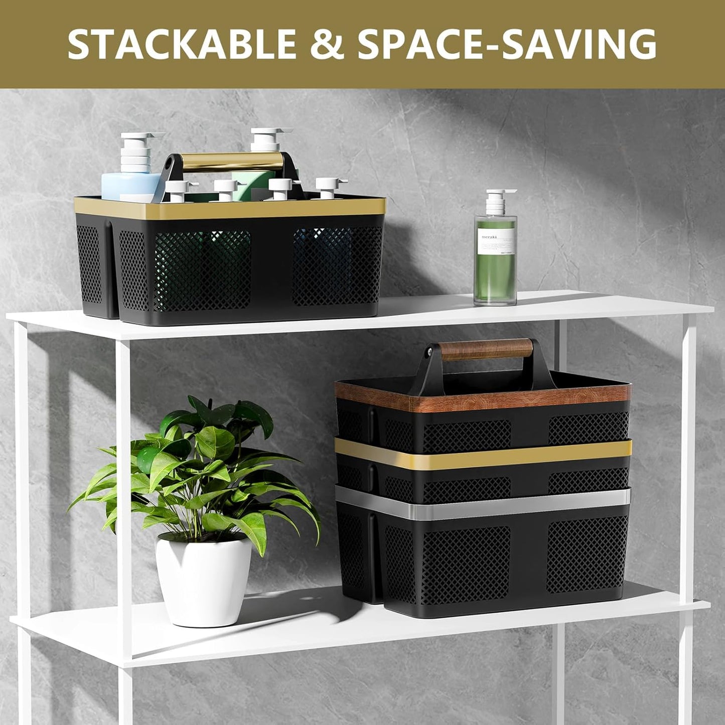 Shower Caddy Dorm Men: Plastic Bathroom Caddy Organizer with Handle and Holes, Bath Caddy for College Dorm, Portable Shower Basket Tote for Toiletry, Travel, GYM, Camp Essentials Black/Gold
