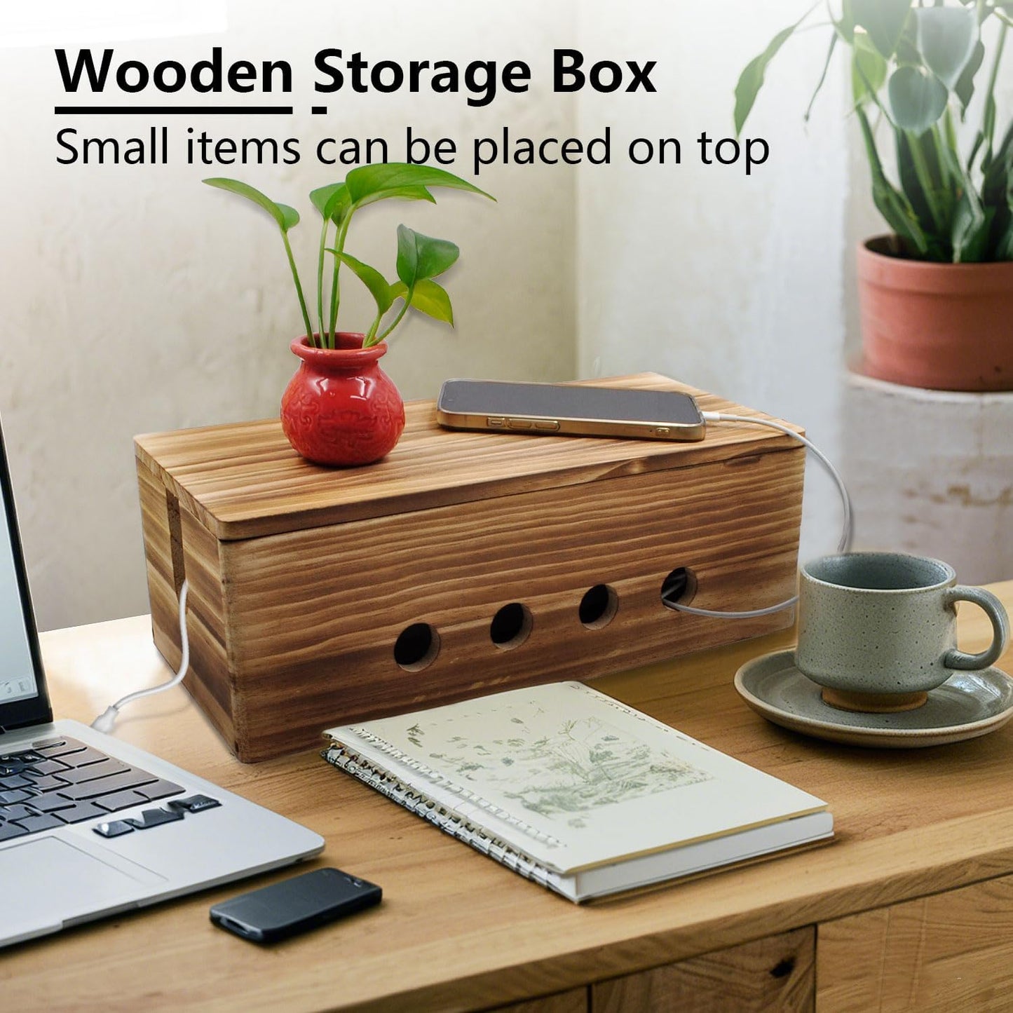 Large Cable Management Box, Wood Cord Hider Box & Organizer for Power Strip Hider Cable Storage for Office, TV Wires, Desk Cord Organizer, 14" x 5.9" x 5.1", Vintage Walnut (Vintage Walnut-lid)