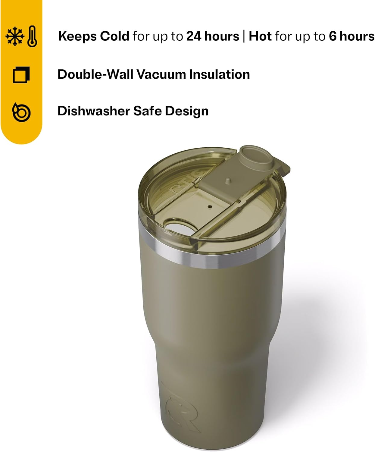 RTIC 30oz Essential Tumbler with Lid, Ceramic Lined, Insulated, Stainless Steel, Metal, Double Wall Vacuum-Insulation, Travel Cup for Iced Coffee, Tea, Hot and Cold Drink, Olive
