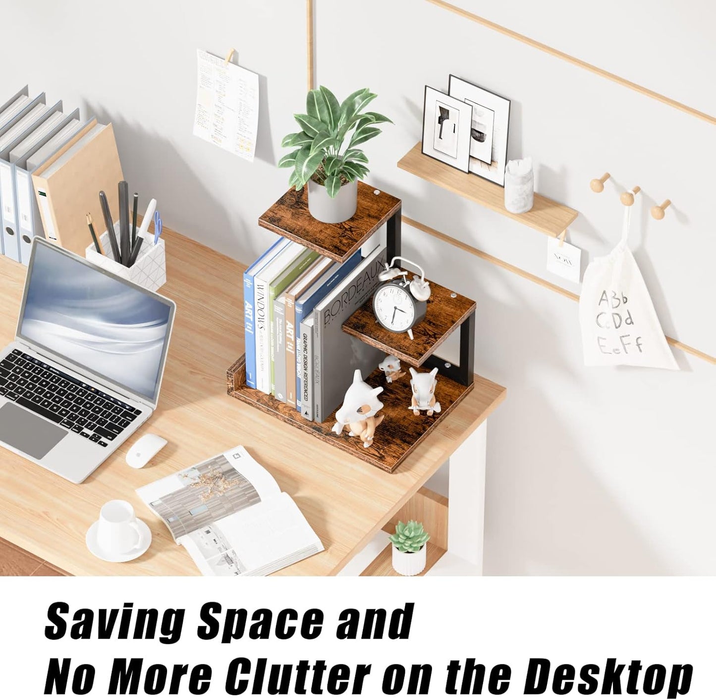 Gannyfer Desk Shelf Organizer - Wood Desktop Shelf, Freestanding Desk Hutch Office Decor, 3 Tier Storage Display Rack, Small Bookshelf with Metal Frame for Books/Plants/Toys (Rustic Brown Black)