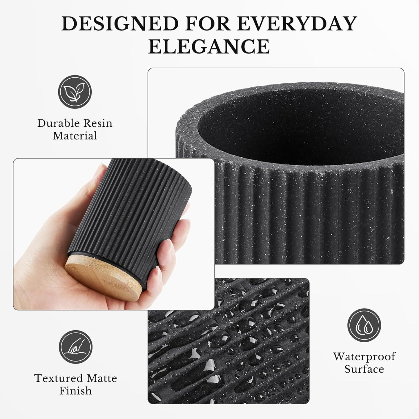 Black Bathroom Accessories Set, 7PCS Resin Bathroom Set with Bamboo Base, with Soap Dispenser, Q-tip Holder, Toothbrush Holder, Tumbler, Soap Dish, Vanity Tray, Complete Bathroom Set for Modern Decor