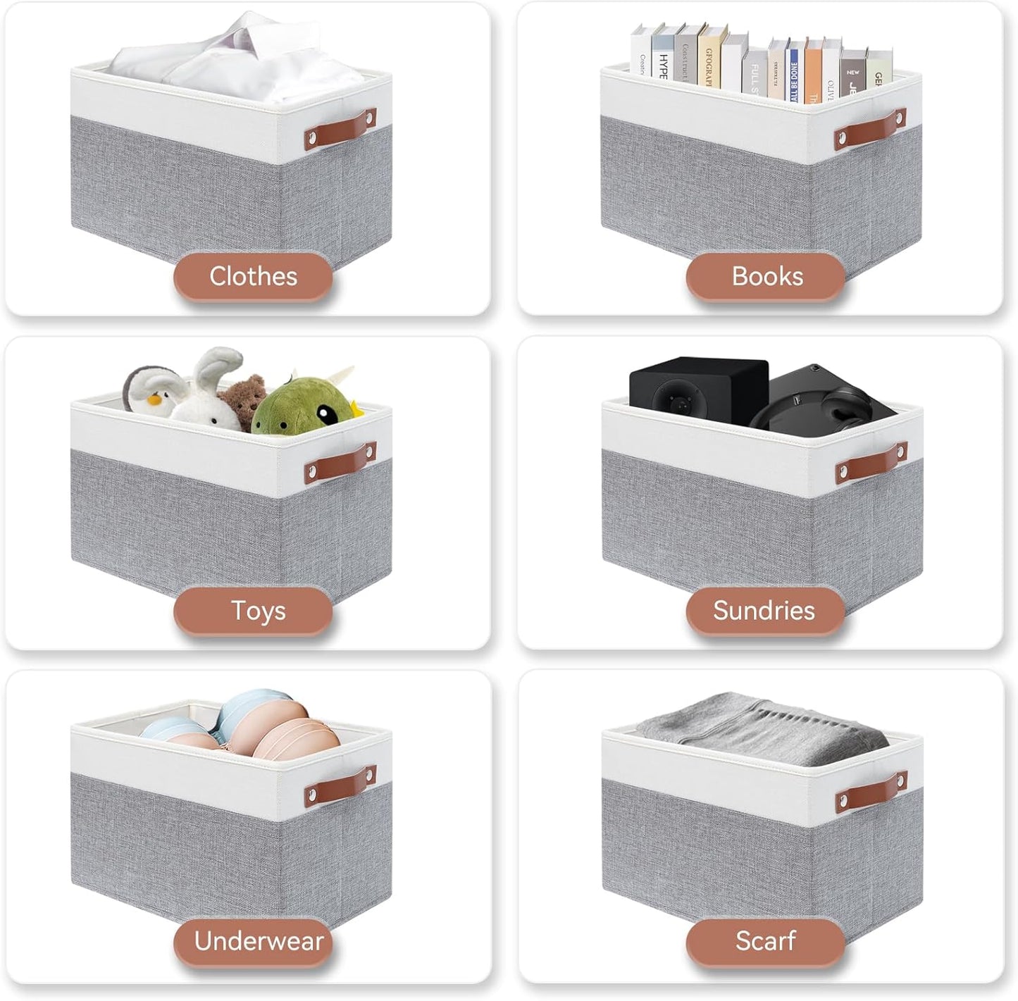 SNWDN 6 Pack Fabric Storage Baskets for Organizing Collapsible Fabric Storage Bins with Handles for Home and Office Organizing (White/Grey 15''Lx10.2''Wx9''H)