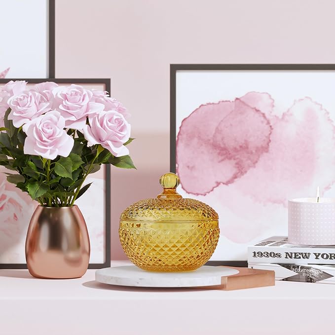 Joeyan 12 oz Small Amber Glass Jars with Lid,Embossed Glass Candy Dishes,Diamond Faceted Food Container,Decorative Jewelry Box Apothecary Canisters,Colored Kitchen Bathroom Buffet Storage Organizer