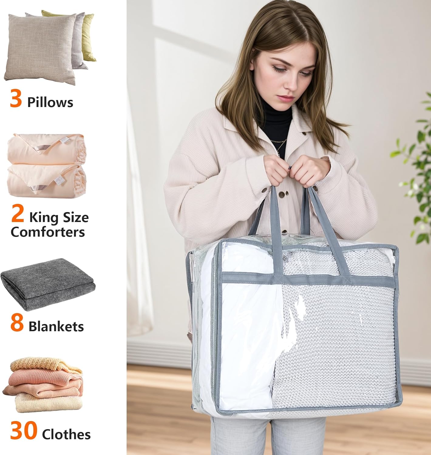 Budding Joy Clear Zippered Storage Bags for Clothes,40L Closet Organizers and Storage Containers Vinyl Moving Bag for Bedding, Linen, Blankets, Comforters, Clothing & Toys, Grey, 2 Pack