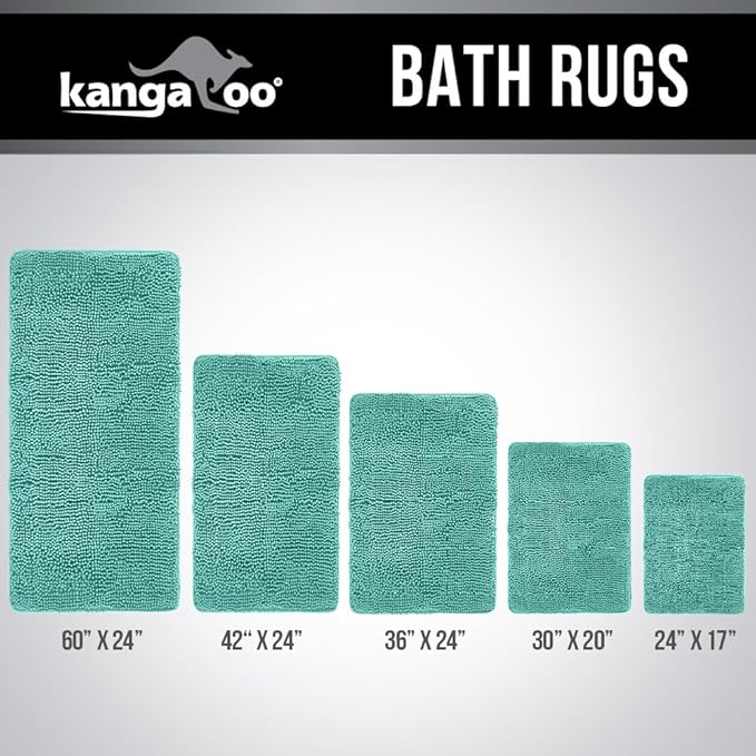KANGAROO Bathroom Rugs, Chenille Soft Absorbent Bath Rug, Shaggy Shower Mat, Quick Dry Machine Wash Bathmat, Plush Carpet Mats for Tub, Bathtub and Room Home Decor Accessories, 36x24, Turquoise