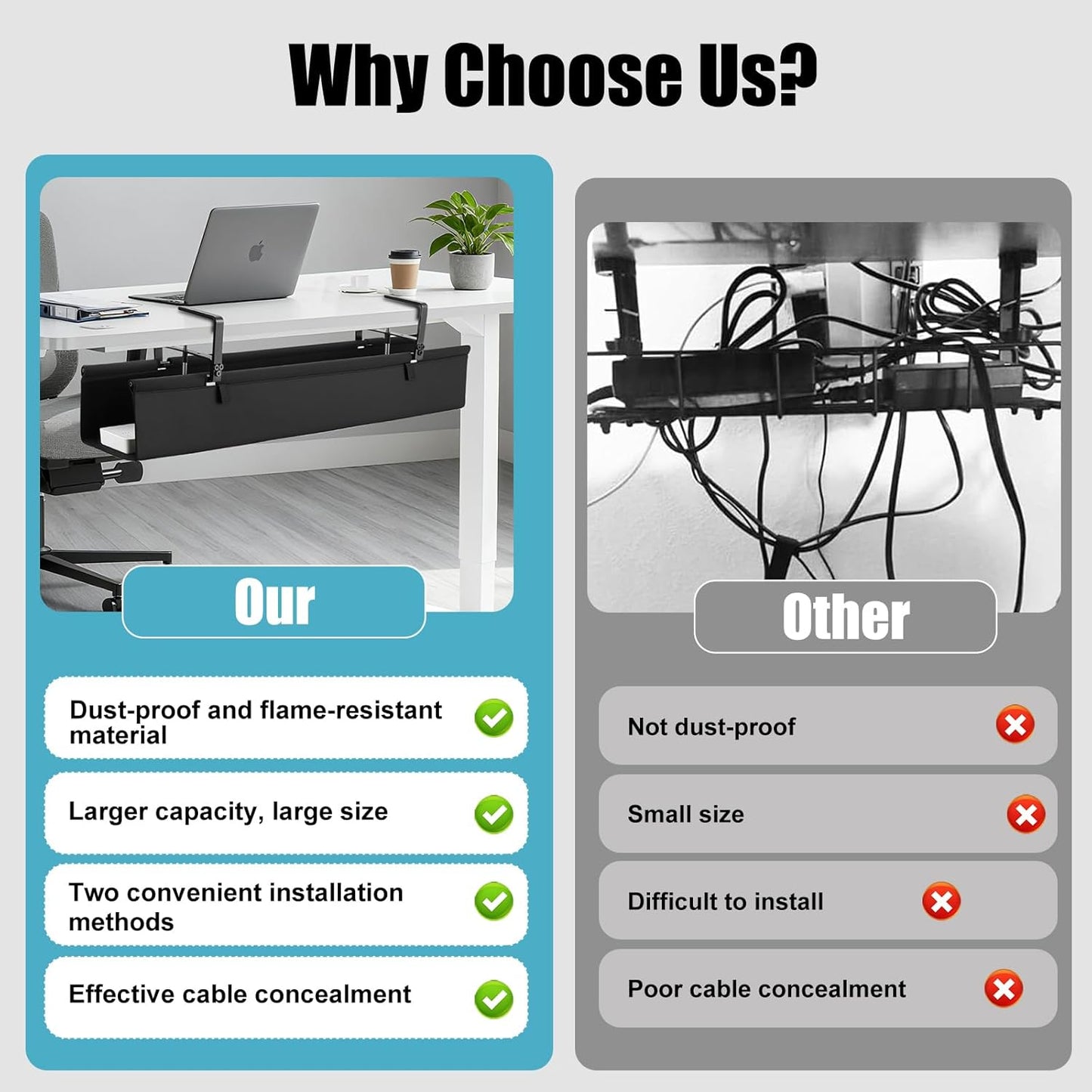 Oxford Cloth Under Desk Cable Management Tray,No-Drill 48" Desk Cable Management Organizer with Clip/Screw Installation,Holds Up to 70 lbs,Fabric Cable Management for Home,Office & Gaming Computer