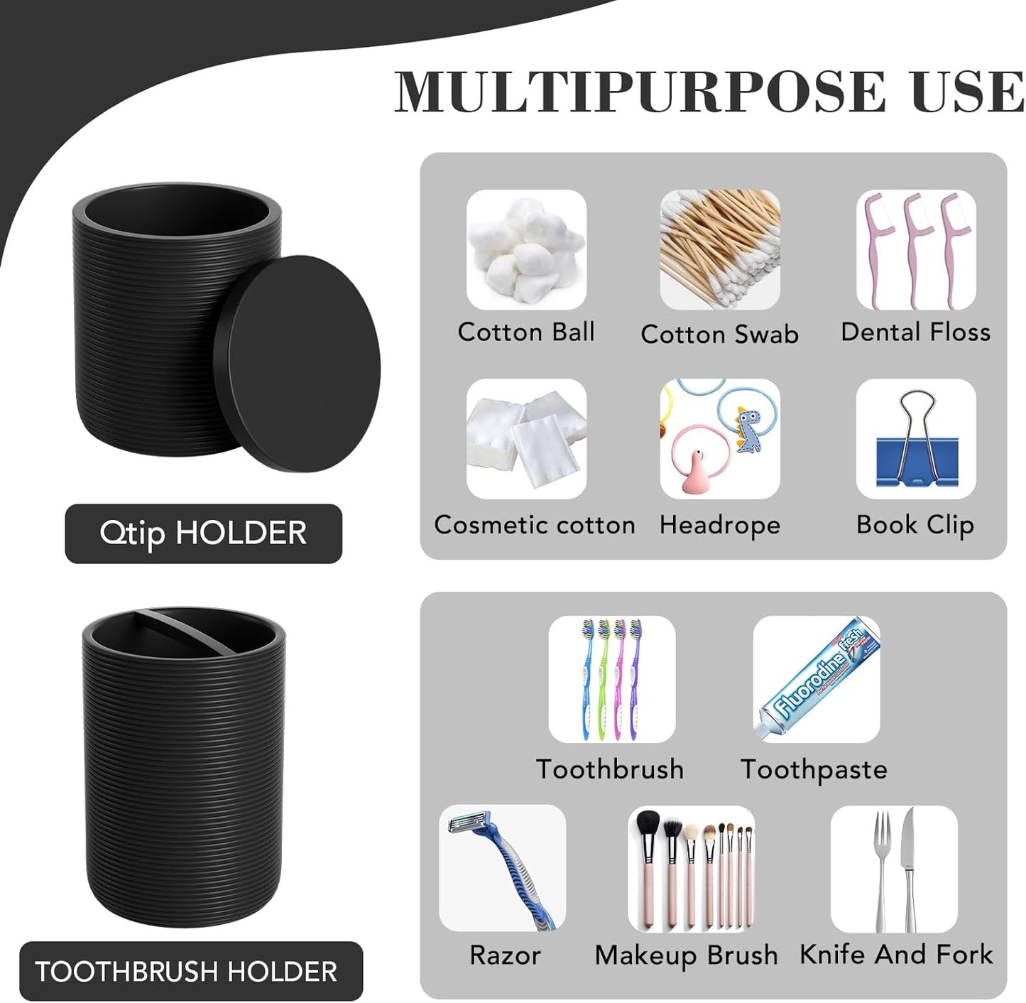 6-Piece Bathroom Accessory Set Resin, Black Bath Accessories Complete with Toothbrush Holder, Lotion Soap Dispenser, 2 Qtip Holders,Vanity Tray,Bathroom Tumbler - Countertop Vanity Organizer