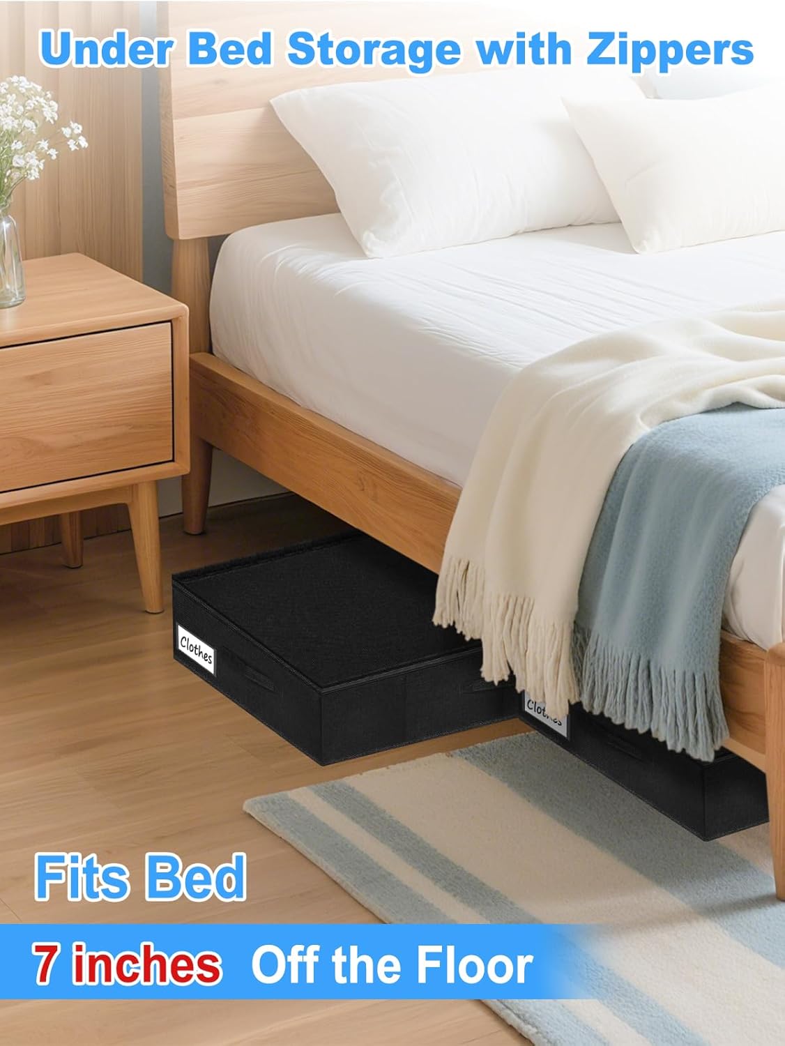 Under Bed Storage Bags with Zipper, 7 Inch Tall Underbed Storage Containers with Rigid Sides & Bottom,30x15x6.7 Inches, Large Clothes Organizer Box for Bedroom, Dorm, Couch, Black