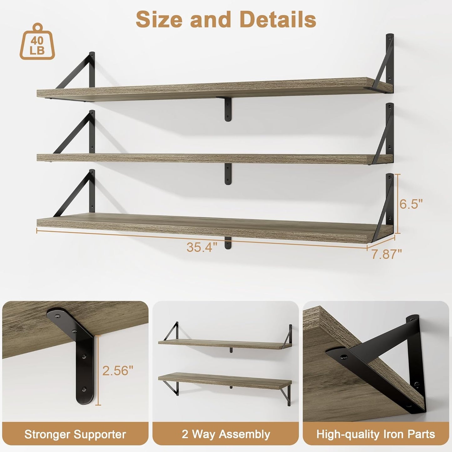 Fun Memories Floating Shelves for Wall, 36 Inches Long Set of 3 Wall Shelves for Bedroom, Floating Bookshelves with Metal Brackets for Living Room, Kitchen, Bedroom and Laundry Room (Grey)