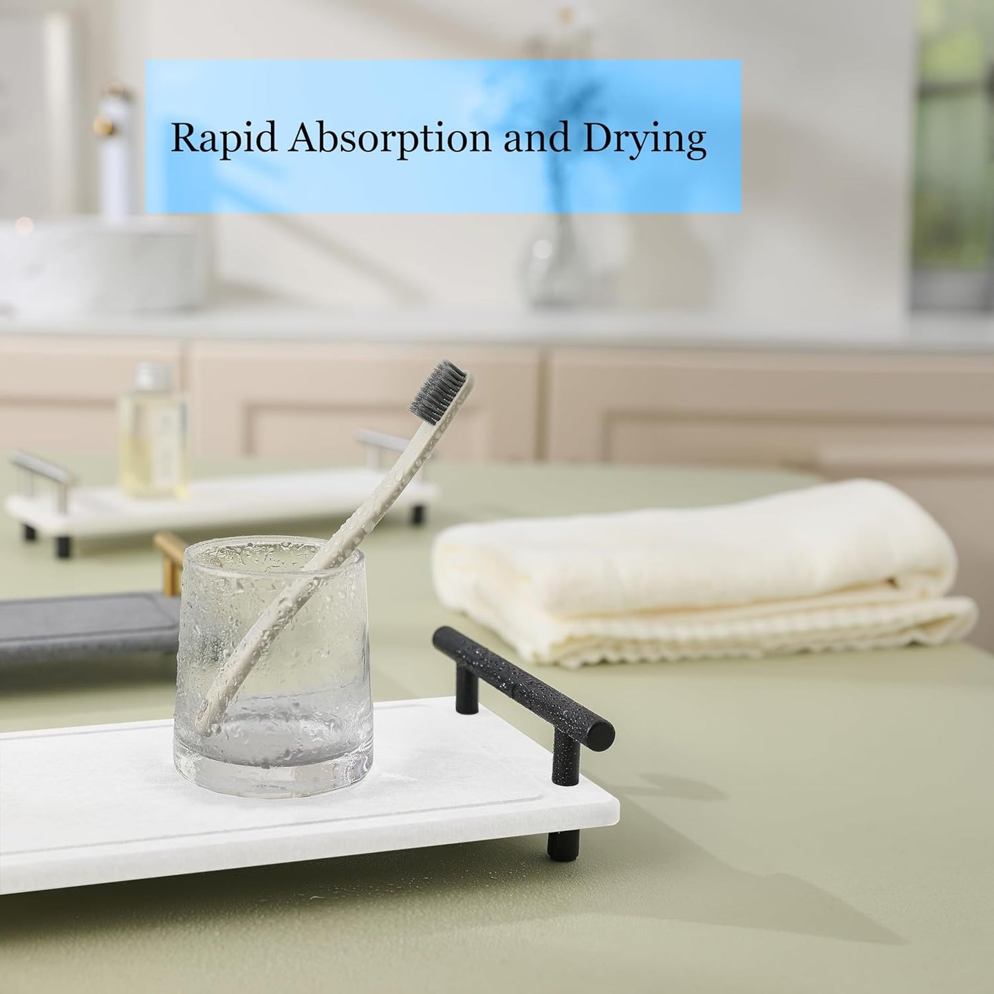 2PCS Water Absorbent Kitchen Countertop Organizer, Sink Caddy, Fast Drying Stone Diatomaceous Earth Tray, Sink Organizer, Water Absorbing Stone Tray for Countertop (White & Black Handle, Small)