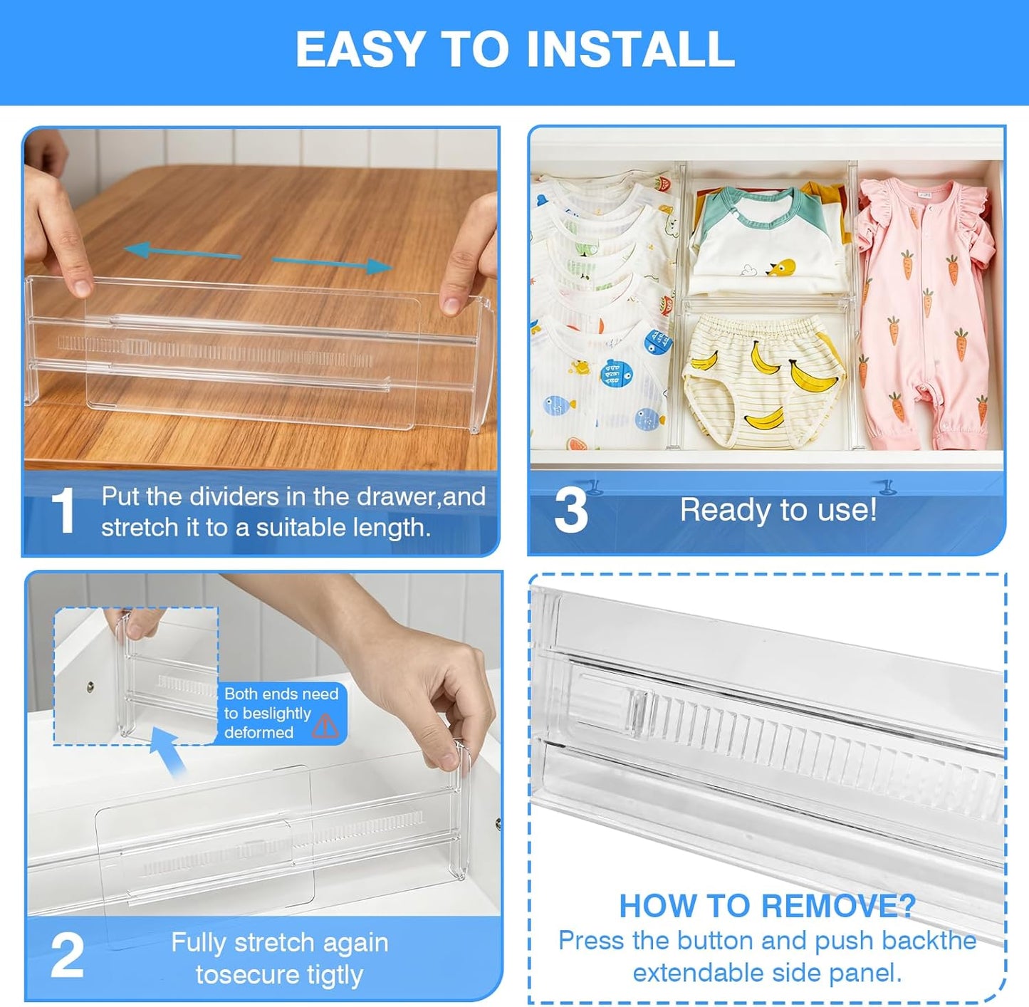 4Pack Drawer Dividers for Clothes, 4" High Adjustable Expandable Dresser Drawer Organizer, Clear Plastic Separators for Dresser, Underwear, Cosmetic, Toiletries