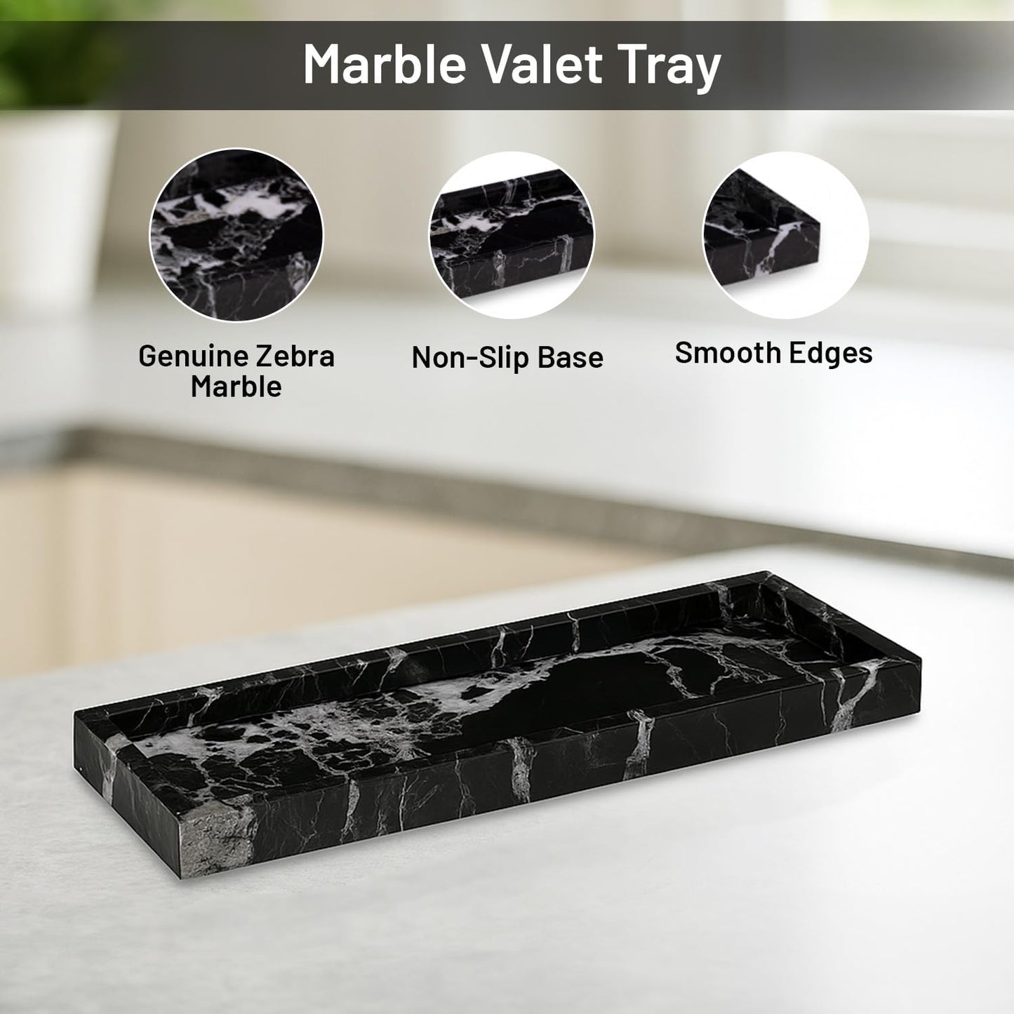 Bey-Berk Atticus Black Zebra Marble Vanity Tray – Handcrafted Stone Organizer for Bathroom Countertop Accessories