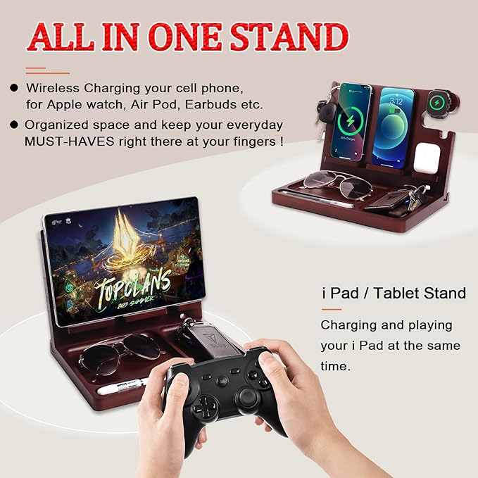 Wood Phone Docking Station,27W Fast Charging 2 Phone Wireless Charging Station for iosPhone/Android/iWatch/Air Pod,Nightstand Organizer for Men/Women,Anniversary,Birthday Gifts for Dad