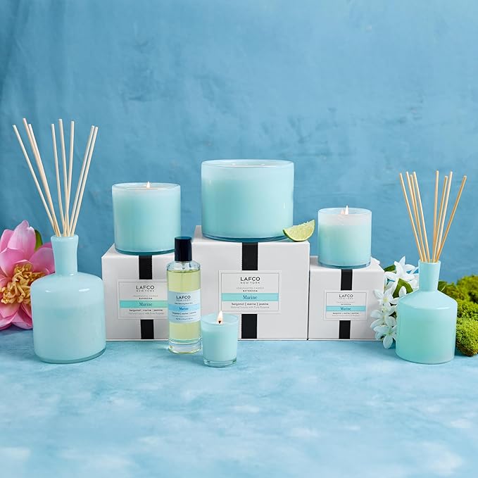 LAFCO New York Classic Reed Diffuser, Marine - 6 oz - Up to 3 Months Fragrance Life - Reusable Glass Vessel - Natural Wood Reeds - Made in The USA