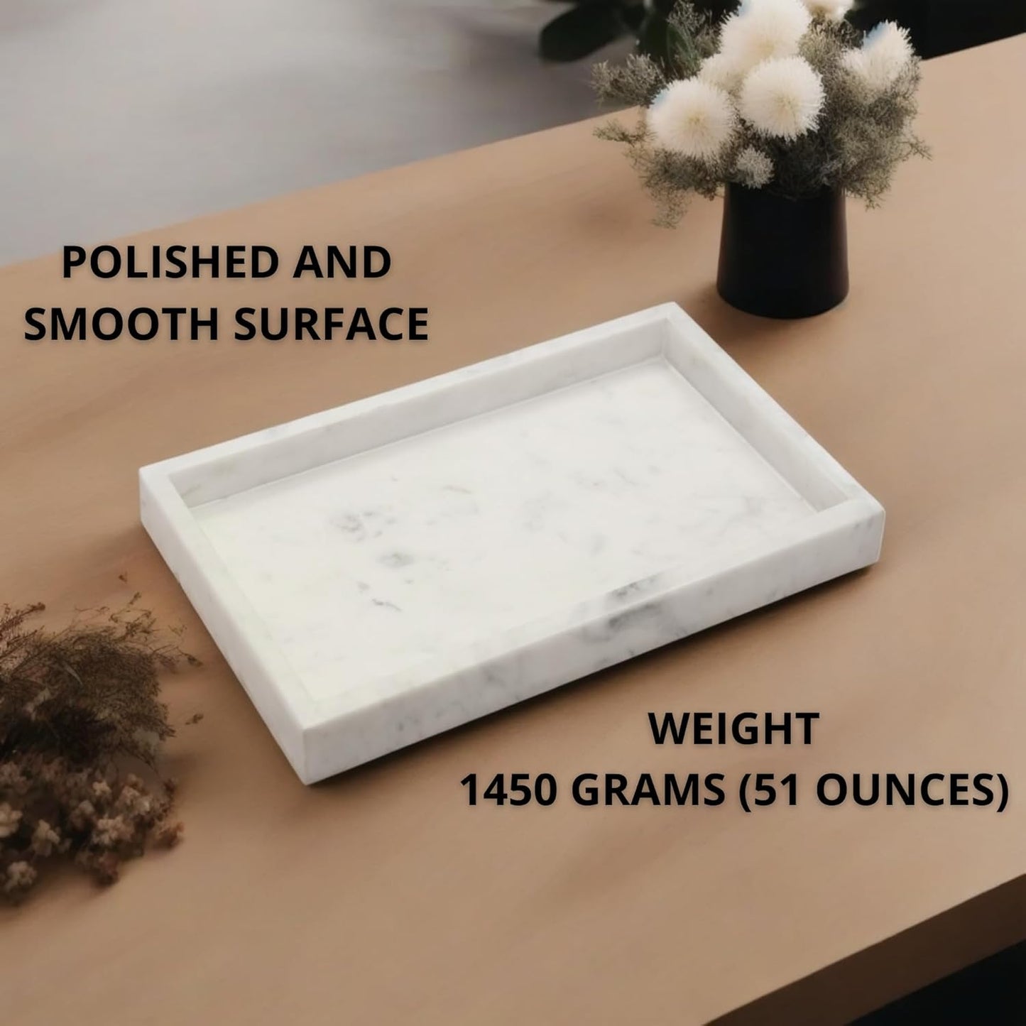 Natural White Marble Tray for Bathroom | Kitchen | Vanity | Desktop, Stone Organizer for Coffee Table, Dresser, Nightstand, Candles, Soap, Towel, Plant, Jewelry (12" x 8"), Rectangular