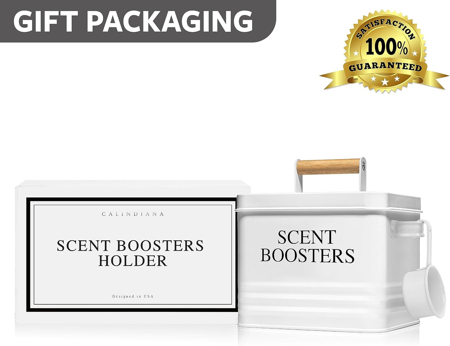 Calindiana Modern Farmhouse Metal Laundry Scent Booster Beads Dispenser Container with Scoop for Laundry Room Decor and Accessories and Space Saving Laundry Room Organization and Storage, White