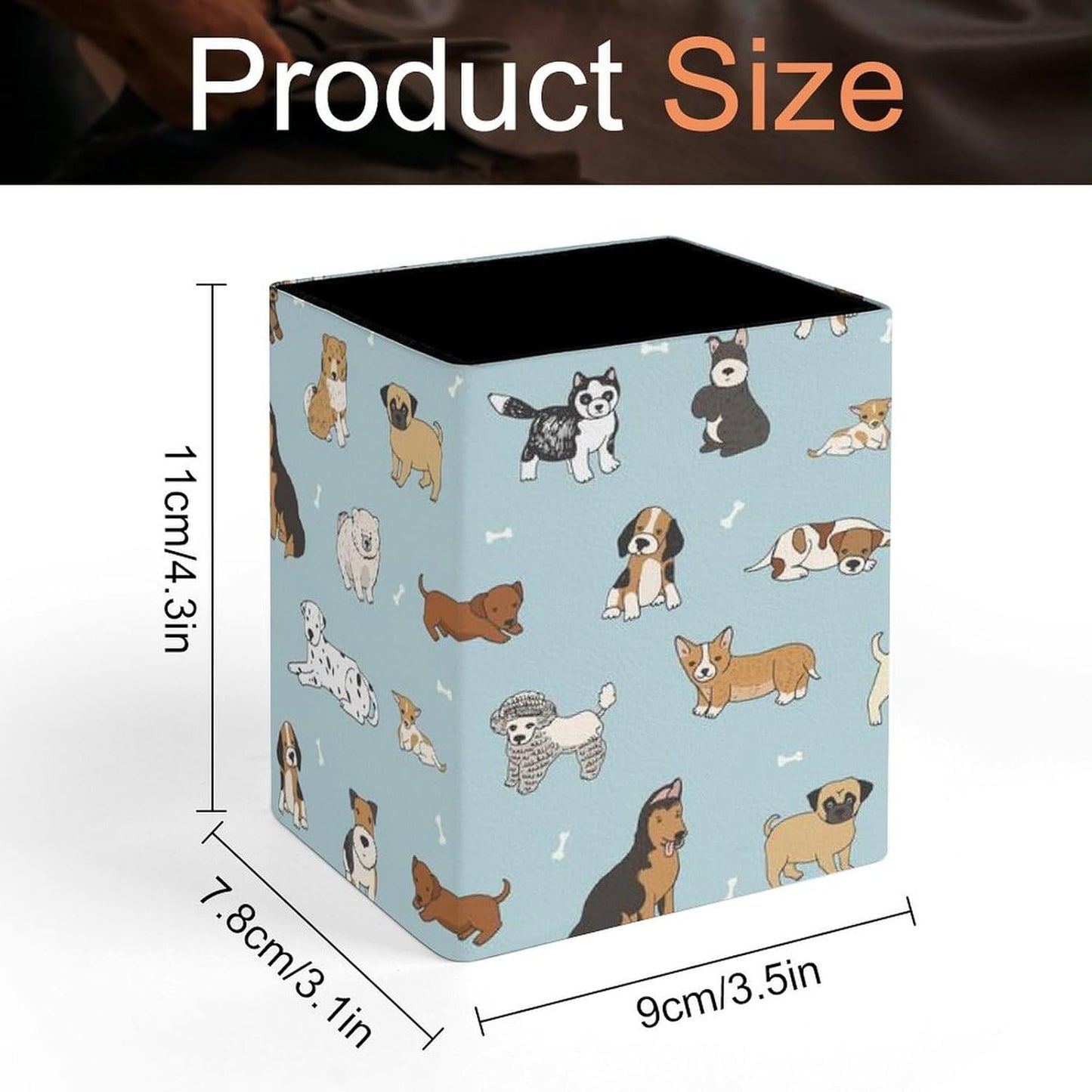 Square Pen Holder & Pencil Organizer for Desk - Office Storage Organizer, Markers/Makeup Brushes/Scissors Holder, Compact Desk Decor Accessories for Home Classroom School(Doodle puppy dog)