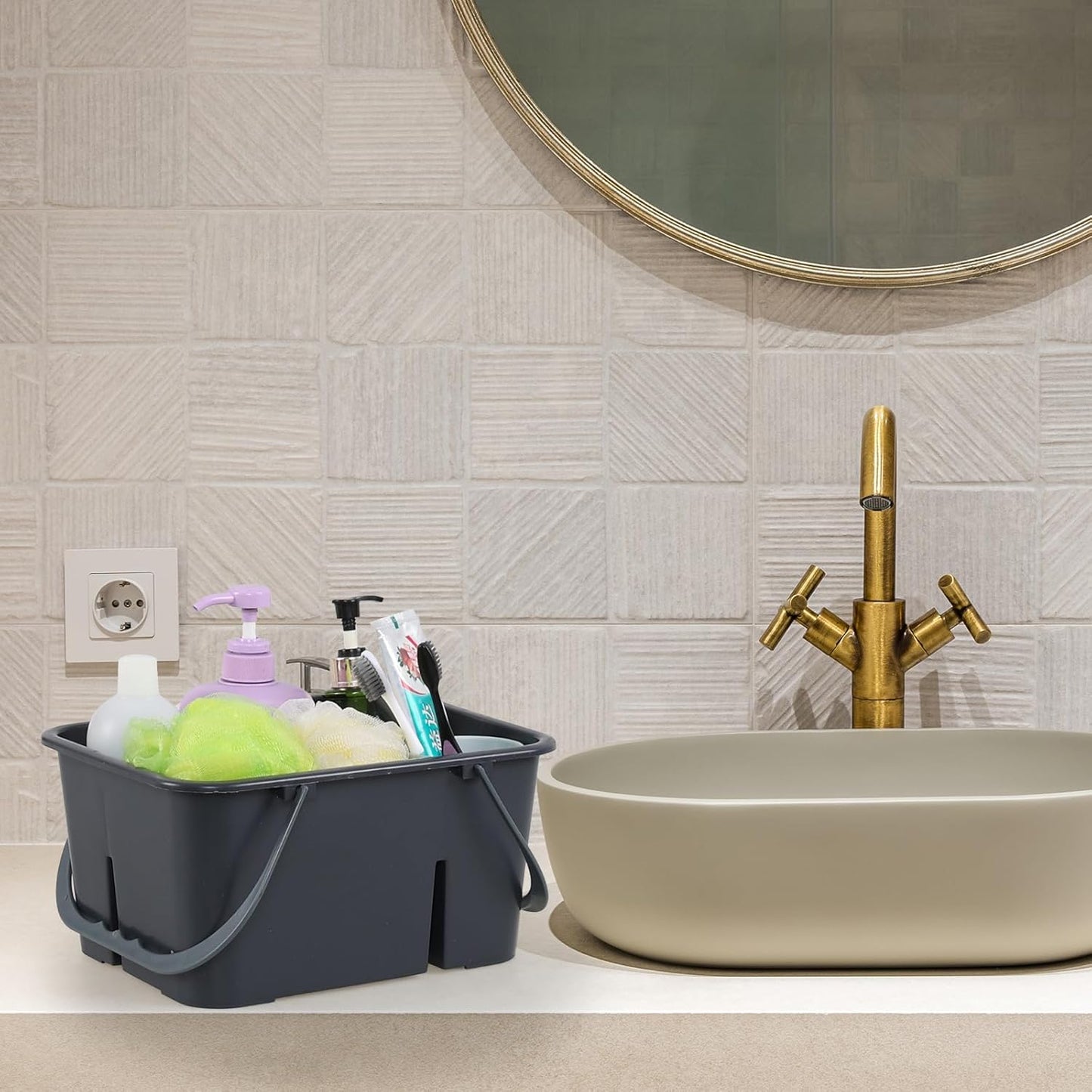 Plastic Cleaning Supply Caddy with Handles, Multi Compartment Storage Caddy Basket, Grey