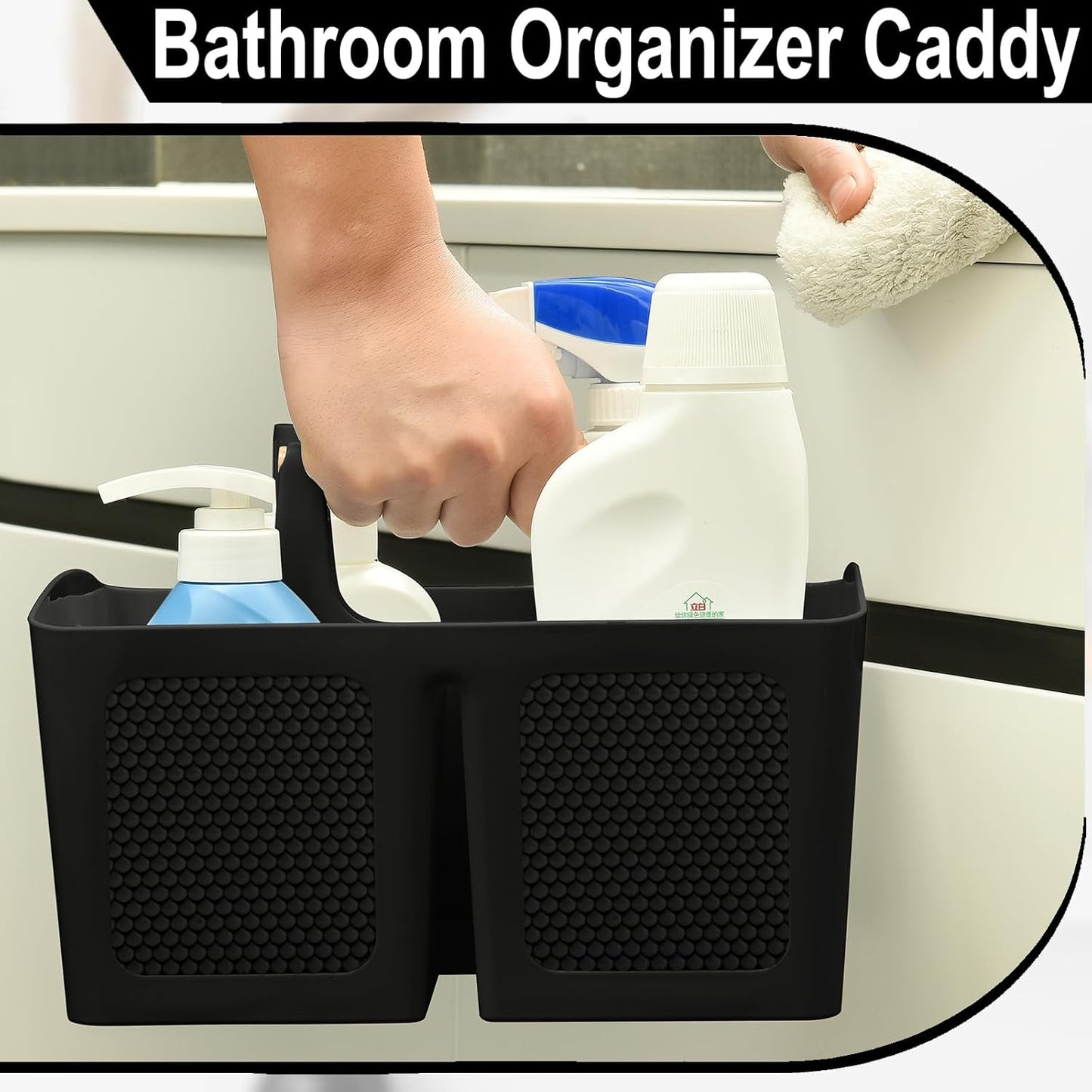 Haundry Plastic Black Shower Caddy Basket with 3 Compartments, Portable Divided Bathroom Cleaning Caddy Organizer Storage Tote with Handle for Dorm, College, Room Essentials