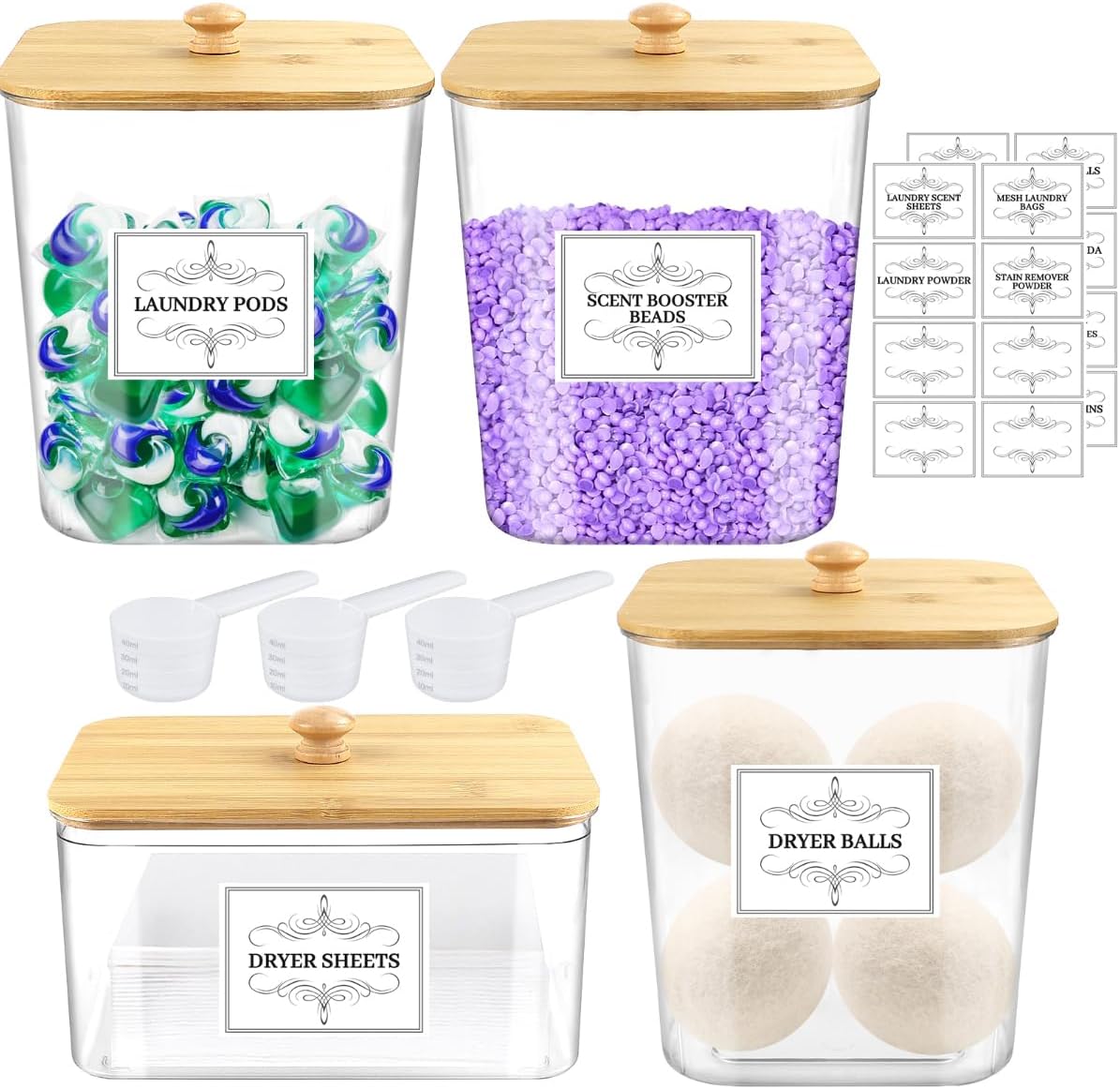4PCS Laundry Pods Container, Clear Laundry Room Organization and Storage with Bamboo Lids, 3 Premium Scoops & Labels – Ideal for Scent Booster Beads, Dryer Balls, Sheets & Powder