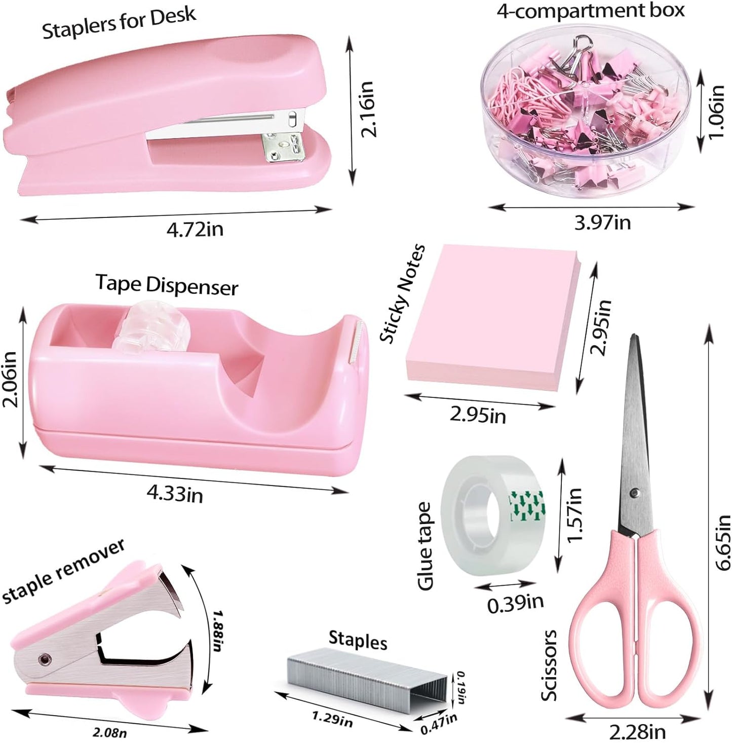 Pink Office Desk Accessories, Pink Office Supplies Set, Desk Drawer Organizer,Stapler and Tape Dispenser Set,Tape,Staple Remover, Staples, Paper Clips, Scissor and Sticky Note