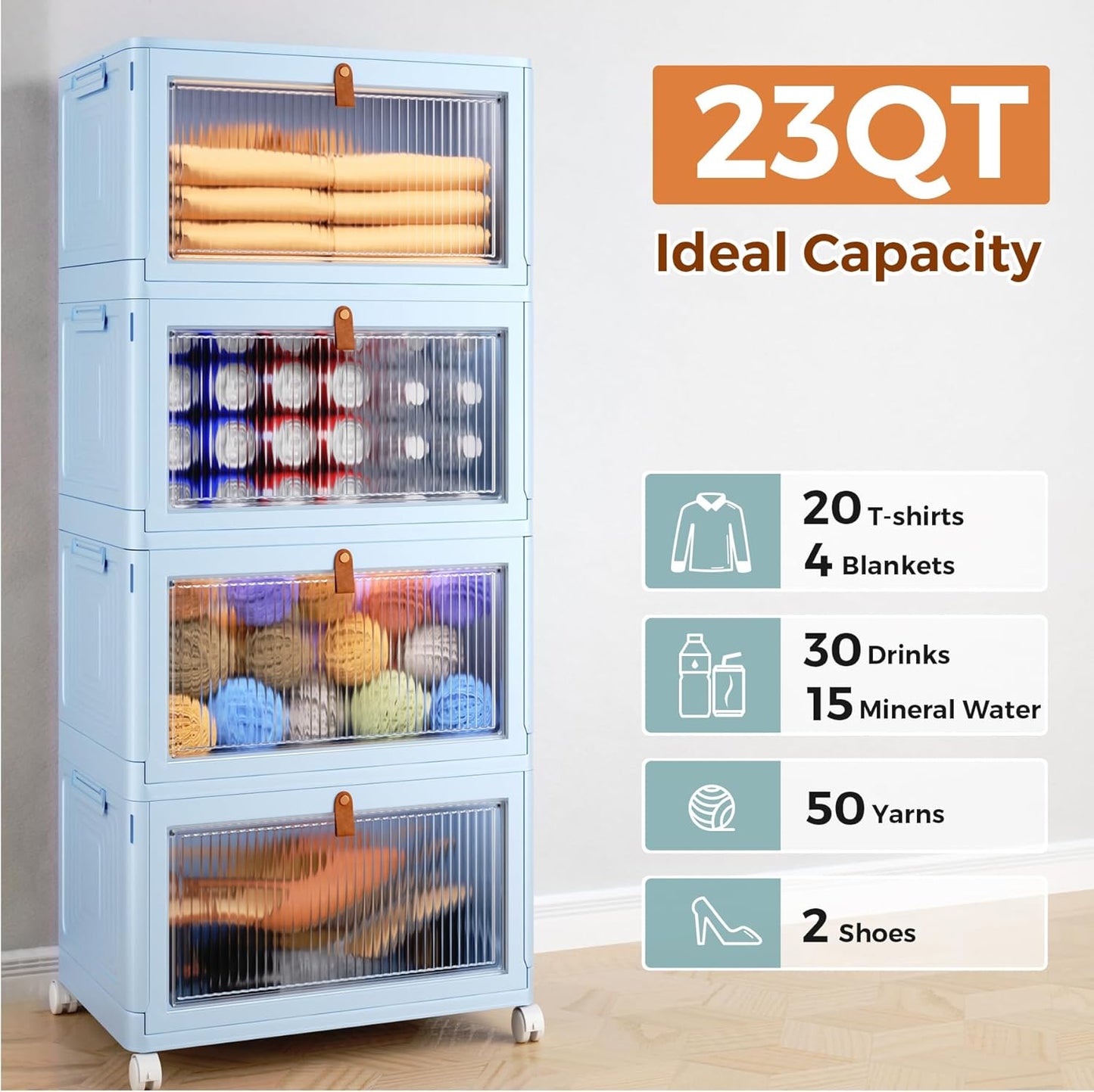 4 Tier Stackable Plastic Storage Bins with Lid and Wheels - 23 QT Closet Organizers and Storage, Foldable Storage Containers, Organization and Storage Boxes for Craft, Home, Pantry, Dorm, Blue