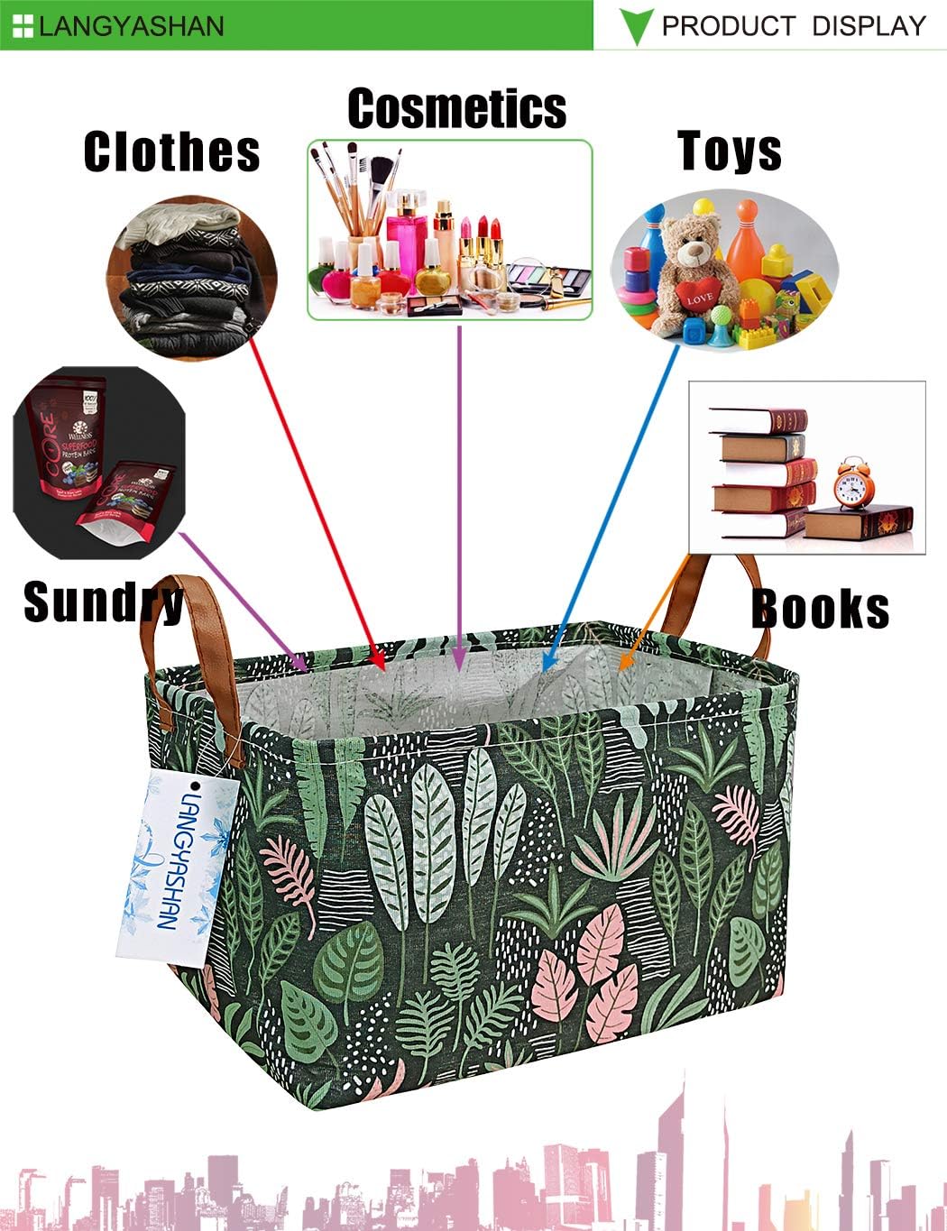 LANGYASHAN Rectangular Storage Bin Collapse Canvas Fabric Cartoon Storage Basket with Handles for Organizing Home Kitchen Boys and Girls Toys Office Closet Shelf Baskets(Rec Full Leaf)