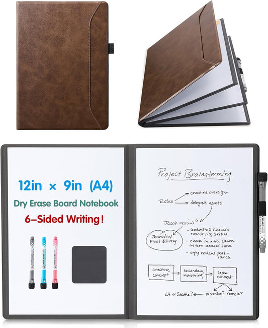 CoBak 6 Sides Portable White Board 12 x 9 inch (A4) - Notebook Design Dry Erase Small Board with Pocket and 3 Markers, Anti-Ghosting & Anti-Smudge Surface for Office, School, Homeschool (Brown)