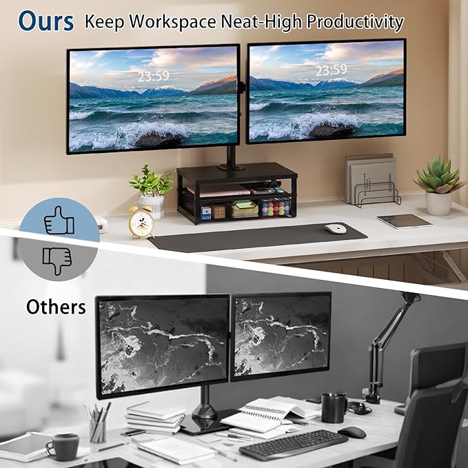 Dual Monitor Stand with Desk Organizer, Heavy Duty VESA Dual Monitor Arm Mount for 13″-27″ Computer Screens, Free-Standing Monitor Arms for Home Office/Gaming, Adjustable Height Angle, Loads 20Lbs/Arm